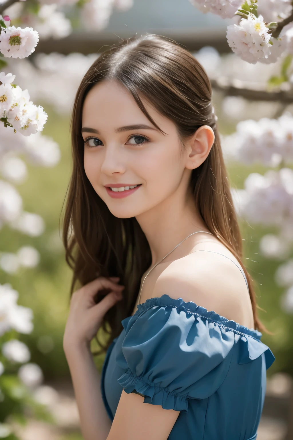 Masterpiece, Best quality, 8k, 18 ans, Photo brute, absurdes, Award-winning portrait, sourire, sourire, pure, french, elegant vibrant blue dress, spring, orchard in bloom, laces, famous singer, cute