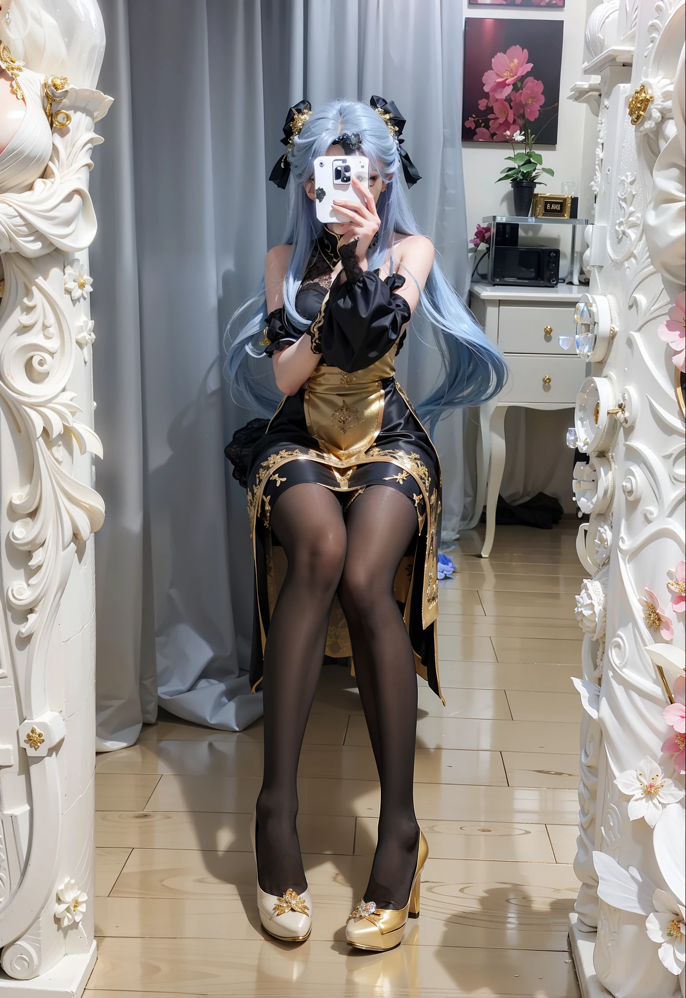 there is a woman sitting in a chair with a cell phone, Anime girl cosplay, Anime cosplay, the anime girl is crouching, cosplay, rpgmaker, professional cosplay, low quality video, Gorgeous Role Play, Costume with blue accents, with blue skin, Anime girl in real life, full-cosplay, realistic cosplay, cosplay foto, elegant glamourous cosplay, small curvaceous loli