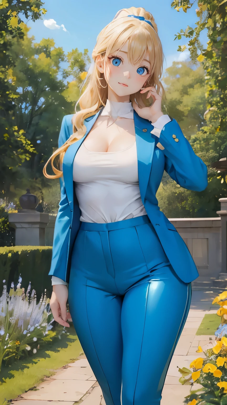 (masterpiece:1.2), (highest quality:1.2),, Curvy but slender body, perfect eyes, perfect face, perfect lighting, 1 girl, in the garden, (blazer),(I can see your feet),(career woman),(long pants),(suit),(ponytail),curly hair, fine clothes, detailed outdoor background, compensate, eye shadow, thick eyelashes, fantasy, looking at the viewer, whole body,alice in wonderland、blue sky、Bright and very beautiful face、young shiny glossy white shiny skin、the best beauty、the most beautiful bright blonde hair in the world、thin hair、long hair、Shining beautiful bangs、big shining blue eyes、Very beautiful and lovely 18 years old, the most beautiful girl in the world、small breasts