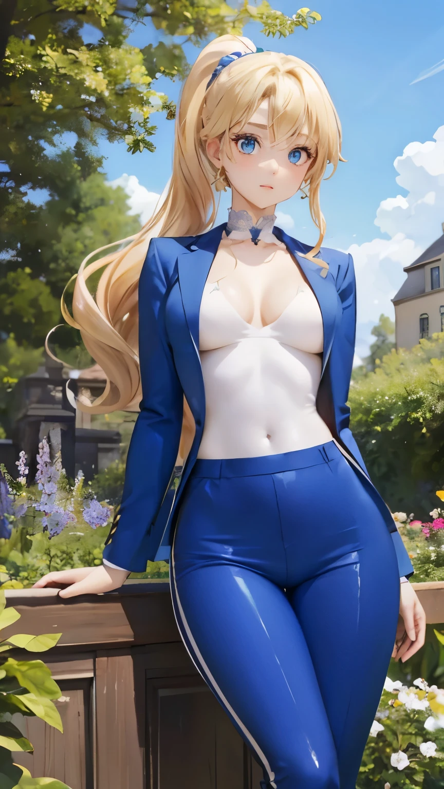 (masterpiece:1.2), (highest quality:1.2),, Curvy but slender body, perfect eyes, perfect face, perfect lighting, 1 girl, in the garden, (blazer),(I can see your feet),(career woman),(long pants),(suit),(ponytail),curly hair, fine clothes, detailed outdoor background, compensate, eye shadow, thick eyelashes, fantasy, looking at the viewer, whole body,alice in wonderland、blue sky、Bright and very beautiful face、young shiny glossy white shiny skin、the best beauty、the most beautiful bright blonde hair in the world、thin hair、long hair、Shining beautiful bangs、big shining blue eyes、Very beautiful and lovely 18 years old, the most beautiful girl in the world、small breasts