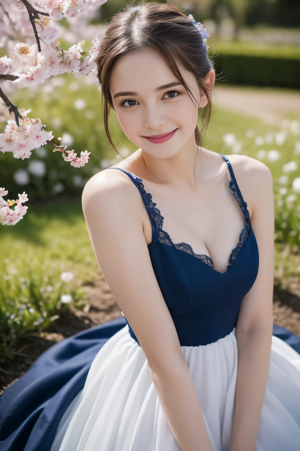 Masterpiece, Best quality, 8k, 18 ans, Photo brute, absurdes, Award-winning portrait, sourire, sourire, pure, french, elegant vibrant blue dress, spring, orchard in bloom, laces, famous singer, cute