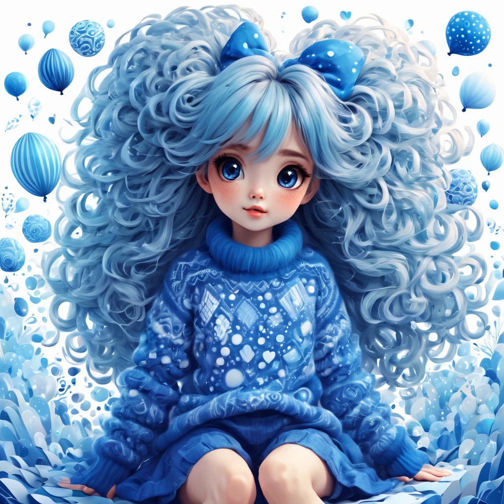 (best quality, highres), magical, blue theme, (magical cute girl:1.2). with (((exaggerated hair, huge fluffy hair", expanded hair, exagerated voluminous hair))), blue and white sweater with ultradetailed zentangle duck and dots , details, (((horsehair, fluffy))), socks, shoes, origami hair texture,