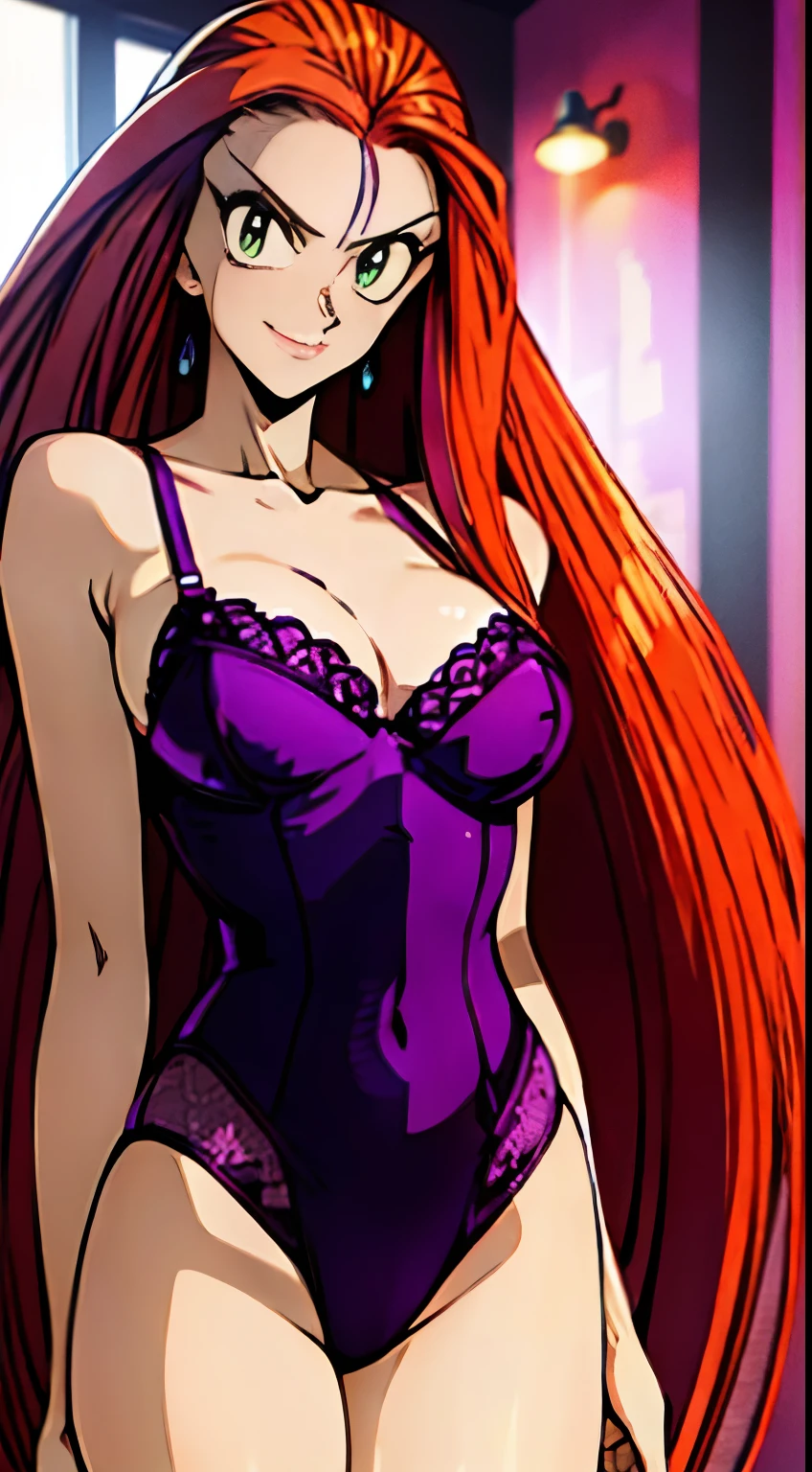 ((masterpiece)), ((best quality)), ultra detailed, detailed background, orange hair, Long Hair , green eyes, thin eyes, extreme large breast, long hair,, highest details, sexy, focus, Alluring, long legs, ((breasts shot)), (((wearing tiny Purple lingerie))), hentai style, sensual smile, erotic, erotic body, sexually suggestive, hentai body, sensual pose, naughty face, aroused body, bedroom background