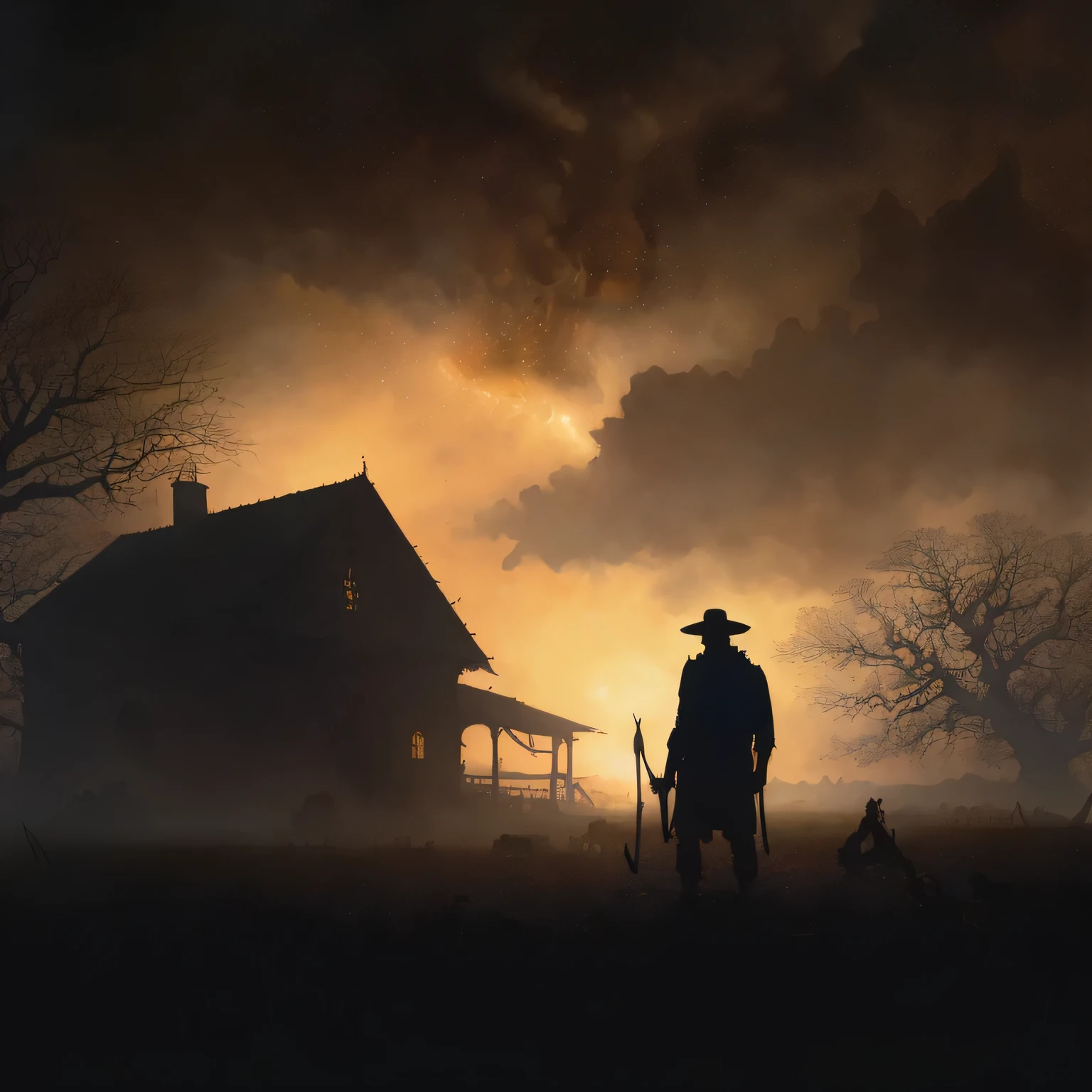 A silhouette of a man helping poor farmers defend their home, evil day sky speckled with stars, natural light illuminating the perfect features of the scene, intricate matte painting for a movie poster, aligned with the golden ratio, creating an ominous yet epic atmosphere, trending artwork on CGSociety and ArtStation, inspired by Artgerm, H.R. Giger, and Beksinski, vibrant colors, production cinematic character render, ultra high quality model, 8k resolution, intricate artwork masterpiece