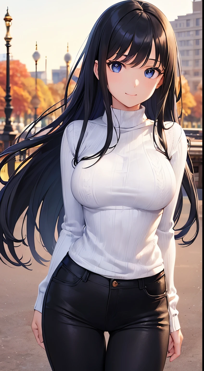 ((masutepiece, Best Quality)), ((hight resolution)), (photos realistic), Best Shadow, high detailing, Very detailed, (nice hand, Perfect hands), (Face Focus:1.2), ((1girl)), Beautiful Girl, 18 years old, blue eyes, (black long Hair:1.5), (normal breasts:1.3), (Smile:1.3), Glossy white skin, (view from front:1.3), (Very slender:1.3), (Cute face:1.3), (look at viewer:1.4), detailed facial features,droopy eyes, Crisp focus, perfect beautiful body and face, Perfectly focused, (white knit sweater:1.3), (black jeans:1.4), Long bangs, (standing:1.4), (in the autumn park:1.4), sunset, windy, buildings