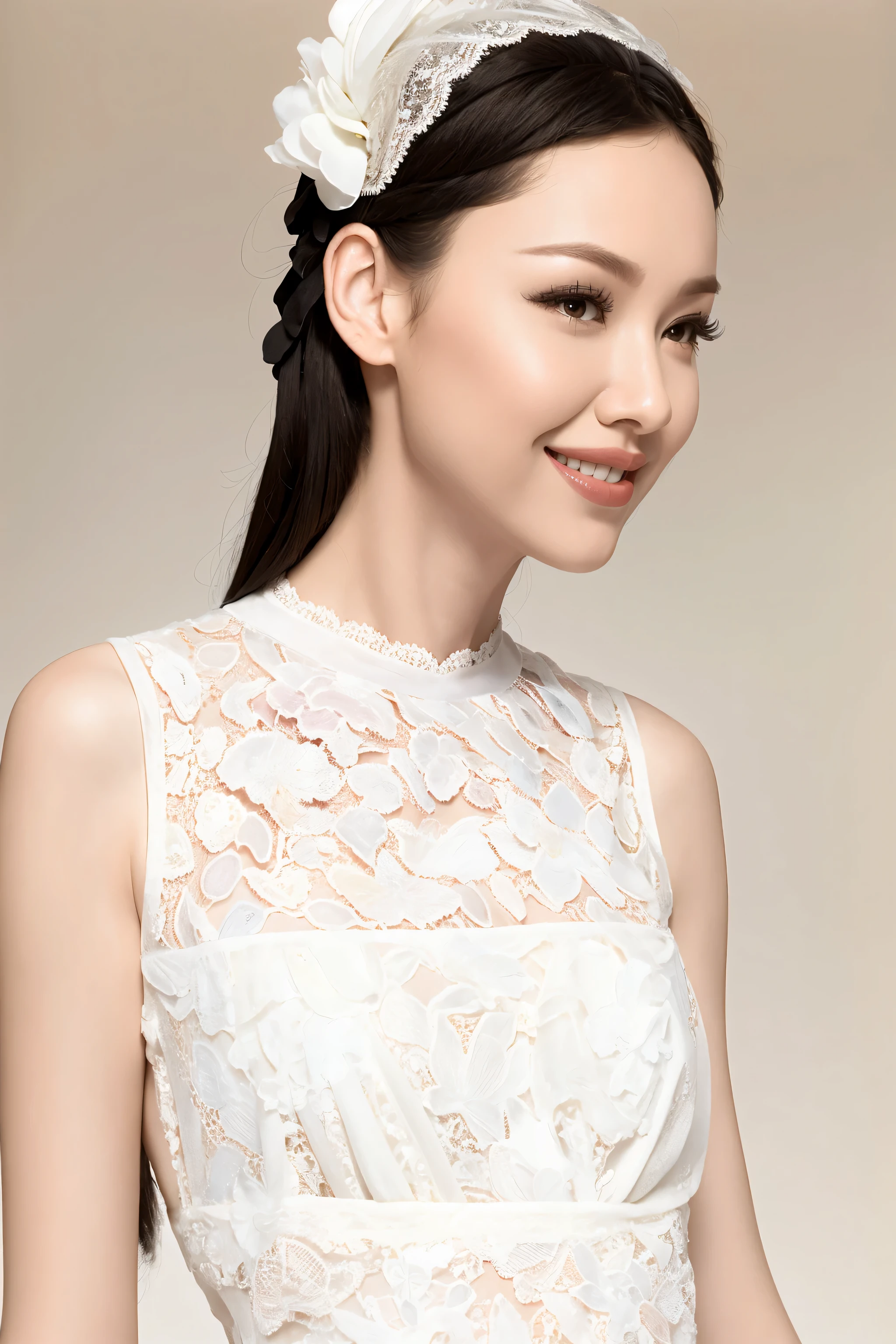 fashion model 20 years old [[[[close up]]]], [[[[neck]]]], [[[[Shoulder]]]], perfect eyes, perfect iris，perfect lips，perfect teeth，Perfect skin，White skin，Soft headlight，High Density Imaging Review，Face slimming type，slender nose，long black hair，（Face is clear and delicate），((white lace underwear))，((Sexy))，The background is the bedroom，big bed，best quality，masterpiece，（pastel colors：1.2）