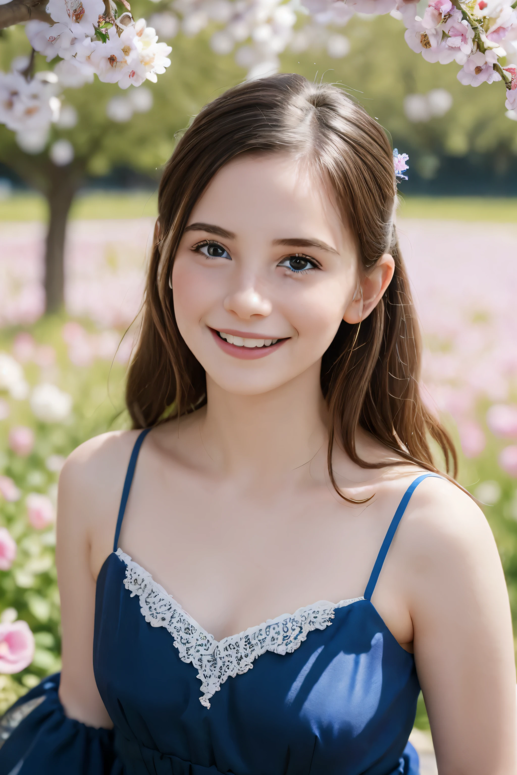Masterpiece, Best quality, 8k, 18 ans, Photo brute, absurdes, Award-winning portrait, sourire, sourire, pure, french, elegant vibrant blue dress, spring, orchard in bloom, laces, famous singer, cute