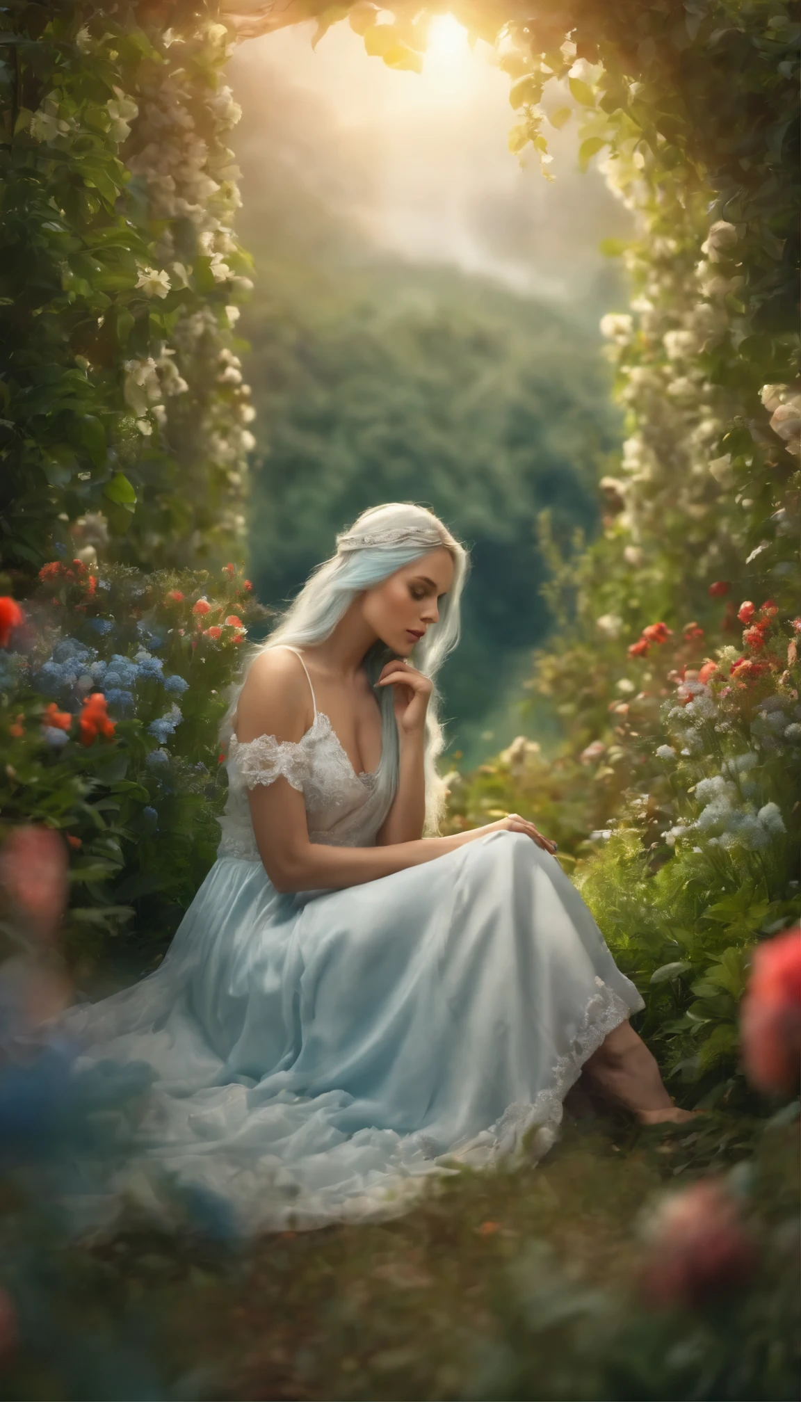 (masterpiece, best quality),1beautiful girl with long light blue hair sitting in a field of green plants and flowers, her hand under her chin, warm lighting, white dress, blurry foreground