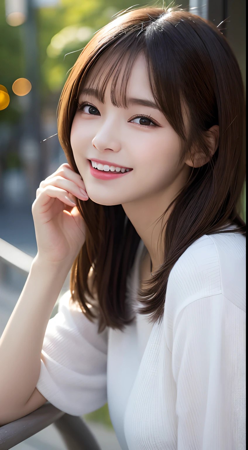 finely detail, hight resolution, hightquality、Perfect dynamic composition, Beautiful detailed eyes, Medium Hair, 、Natural Color Lip,Kamimei、Shibuya、20 years girl、1 persons、Transparent skin、Glowing hair、masutepiece, Best Quality, Illustration, Ultra-detailed, finely detail, hight resolution, 8K、The correct state of the human body、Crouch down、pretty pose,dishevled hair,beauty legs,Perfect beautiful face,KPOP Idol Face,A face with its mouth wide open and a loud laugh