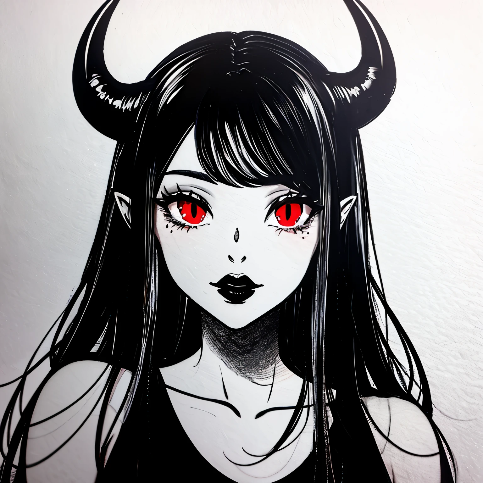 make a horror portrait of a sexy devil horned girl with black lips with red eyes in black and white colors