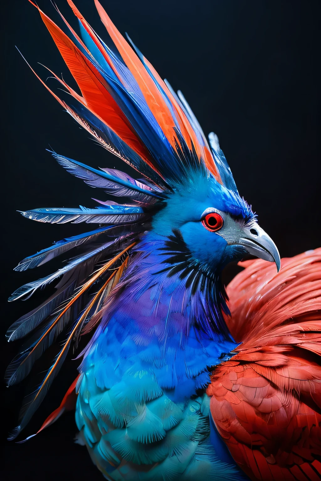 This close-up shot of a Victoria Crested Pigeon、Shows striking blue plumage and red . The emblem is made of delicate wood, Lace feathers, Its eyes are a striking red color、. The bird&#39;s head is slightly tilted to the side, Gives a majestic and majestic impression. background is blurry, Attract attention to the bird&#39;s striking appearance.