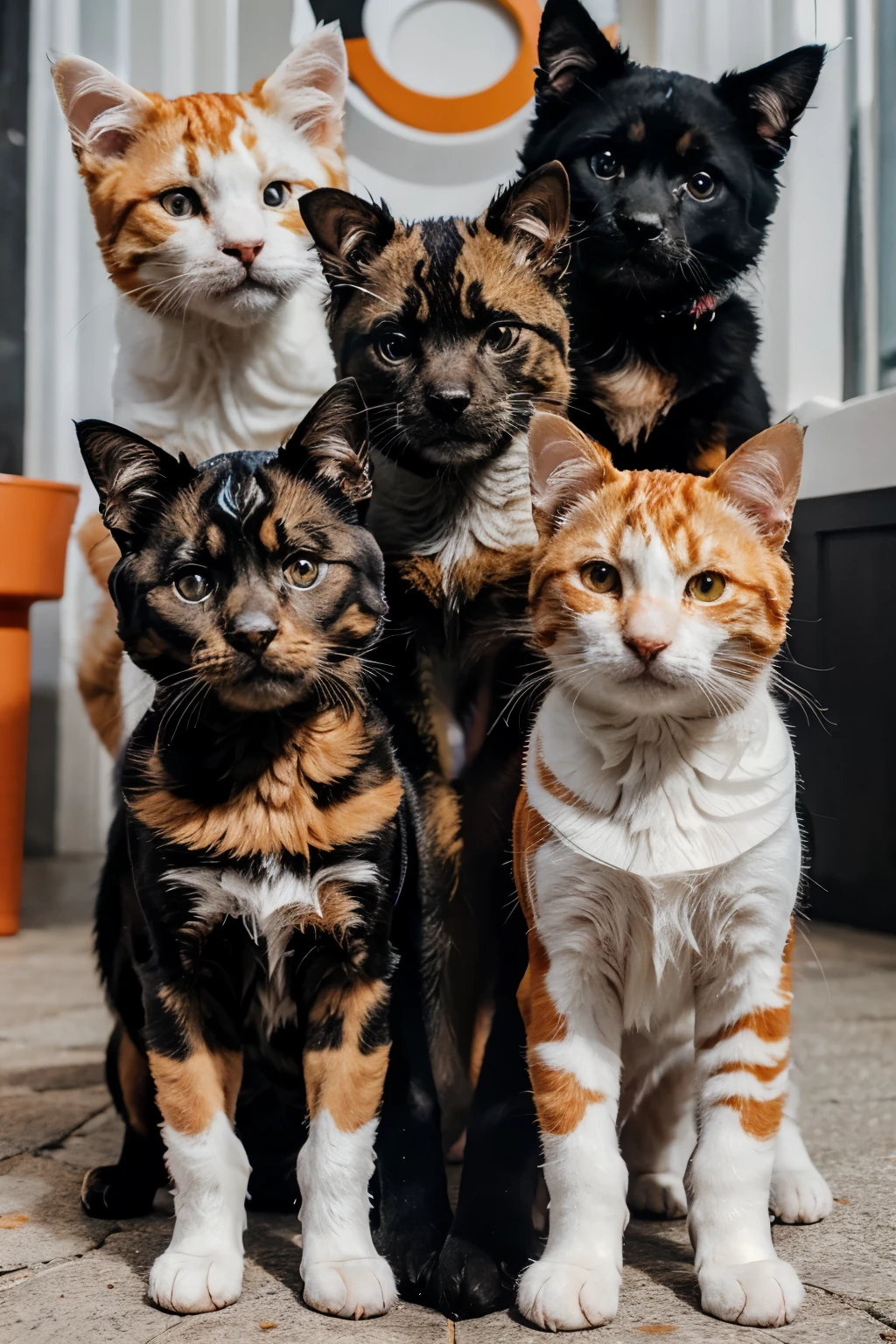 imagine a completely black mongrel dog, a shitzu dog, an orange striped cat, a tabby cat with white and orange, a white cat, another tabby cat with white and black and a kitten with white and gray. image in 8k format