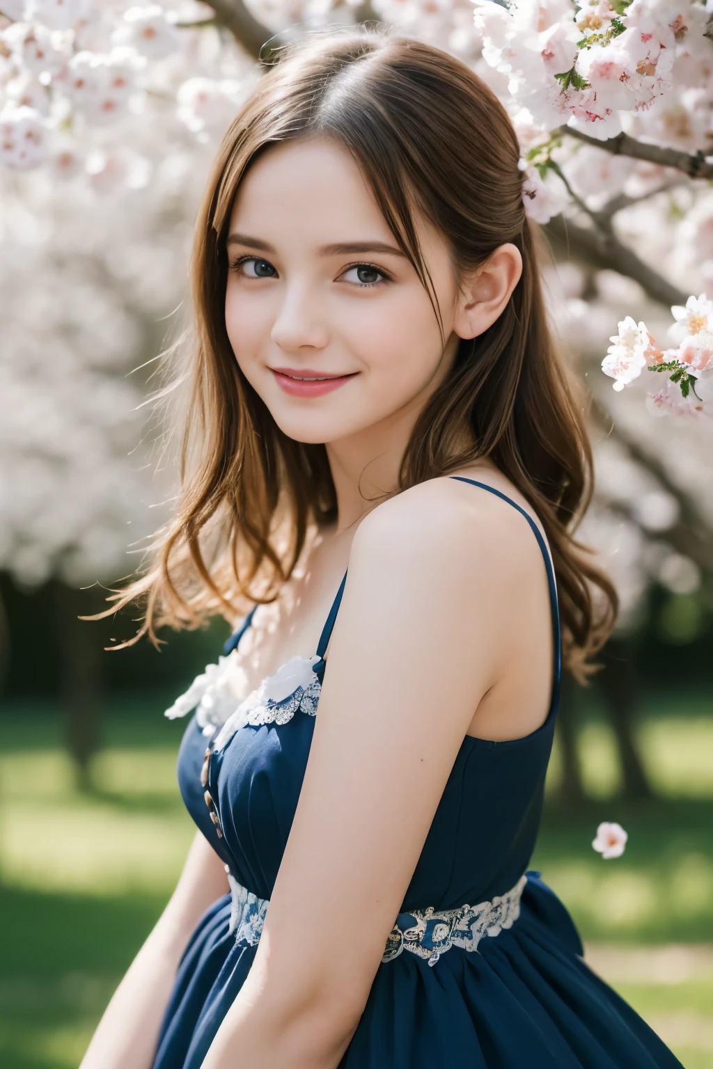 Masterpiece, Best quality, 8k, 18 ans, Photo brute, absurdes, Award-winning portrait, sourire, sourire, pure, french, elegant vibrant blue dress, spring, orchard in bloom, laces, famous singer, cute