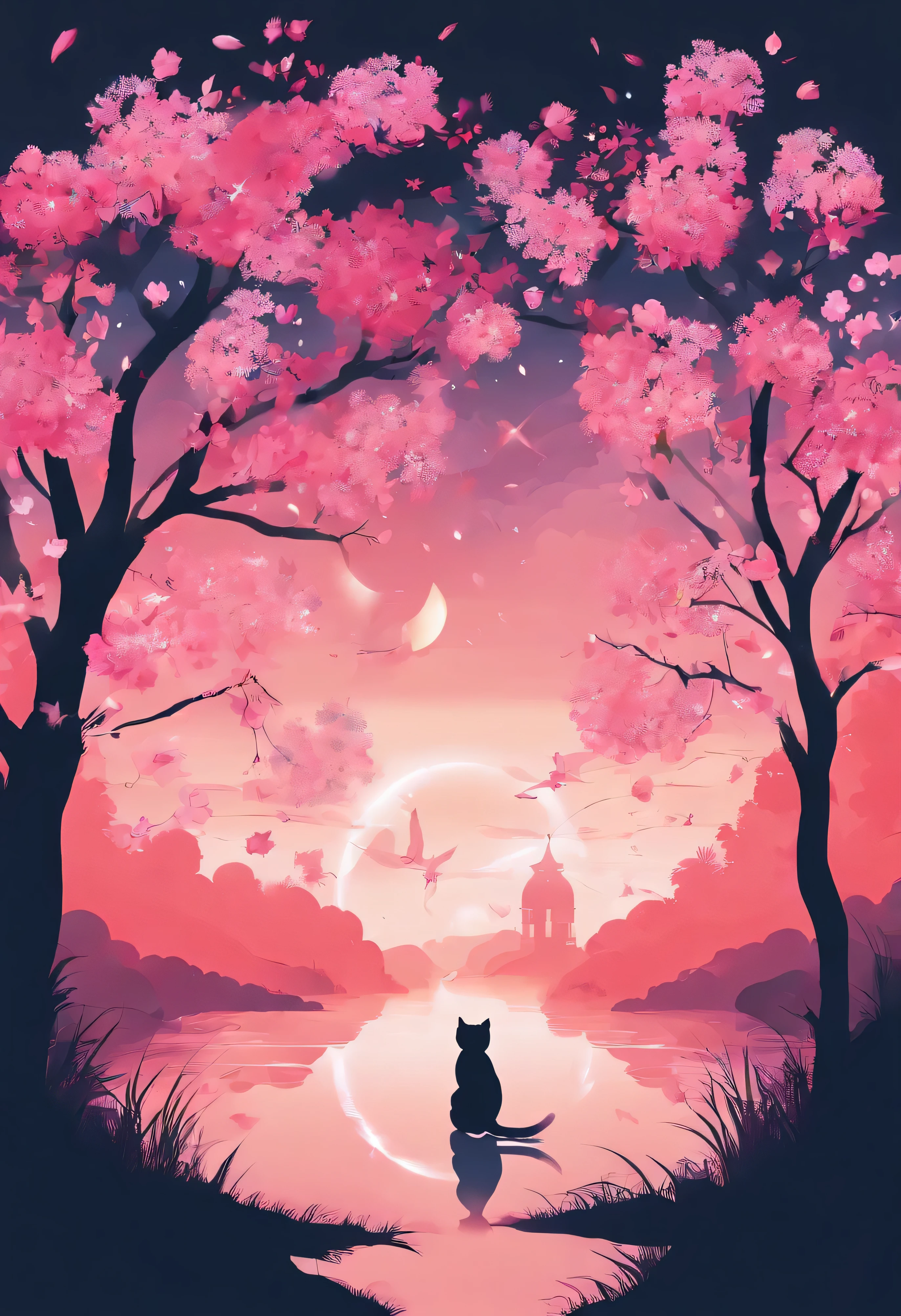 Sakura and cat silhouette、Simple line art illustration、minimalism