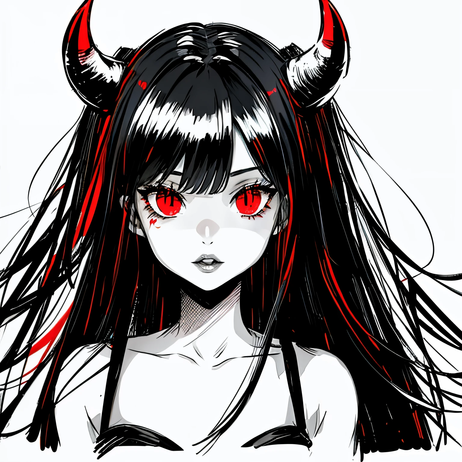 make a horror portrait of a devil horned girl with red eyes in black and white colors