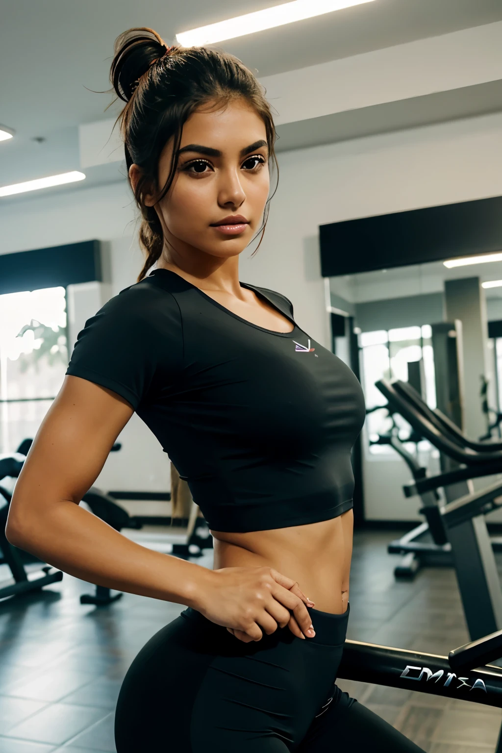 25-year-old Mexicana mujer en el gimnasio, cuerpo atletico, piel morena, cabello ondulado, mirada fuerte y determinada, vestido deportivo, realista, alto detalle, techno music in the background, gimnasio iluminado, captura en movimiento, camisa deportiva corta, pantalones de entrenamiento, zapatillas negras, benevolent eyebrows, carmine lips, hands holding the barrel of the ergometic bicycle.