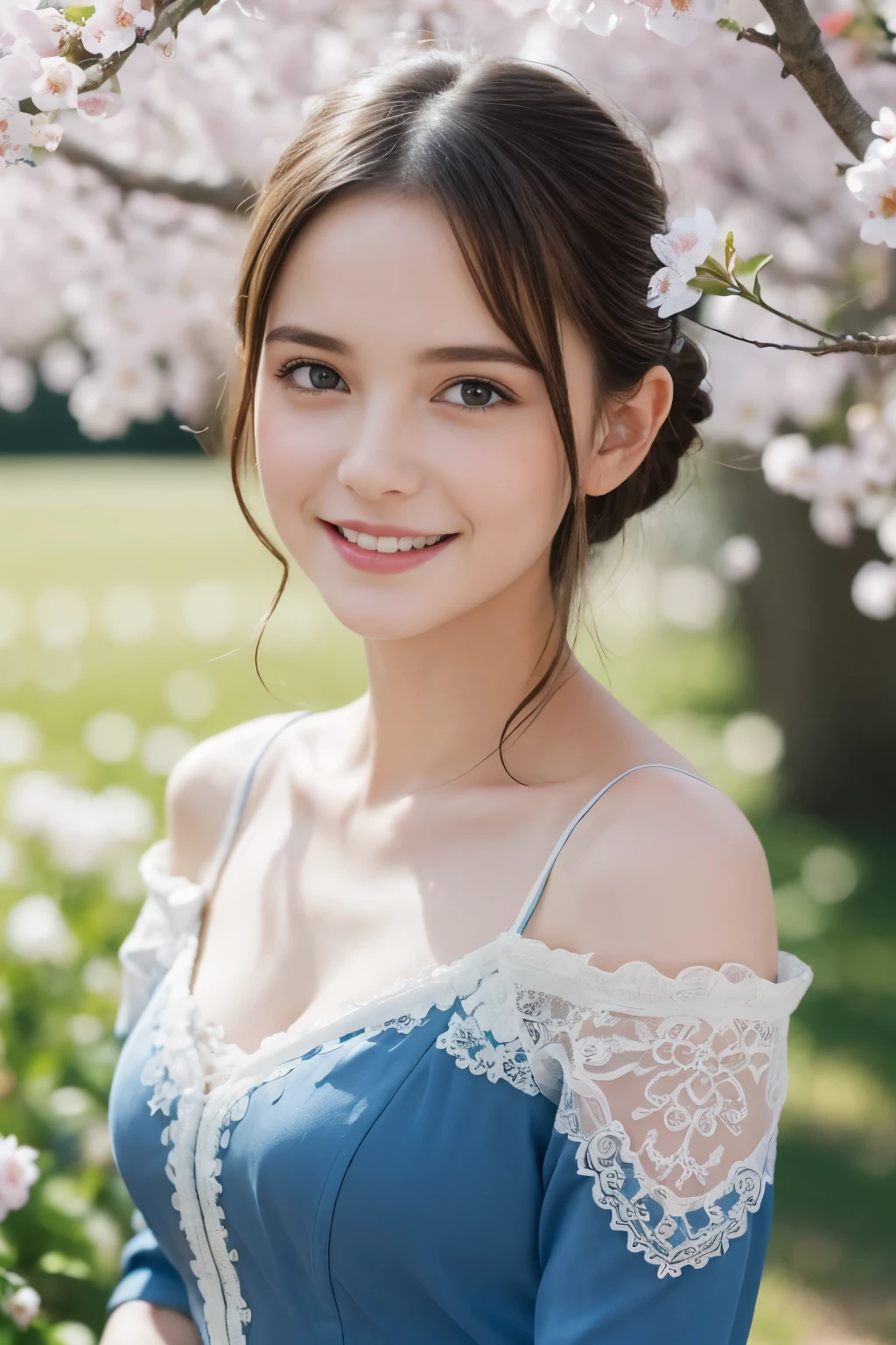 Masterpiece, Best quality, 8k, 18 ans, Photo brute, absurdes, Award-winning portrait, sourire, sourire, pure, french, elegant vibrant blue dress, spring, orchard in bloom, laces, famous singer, cute