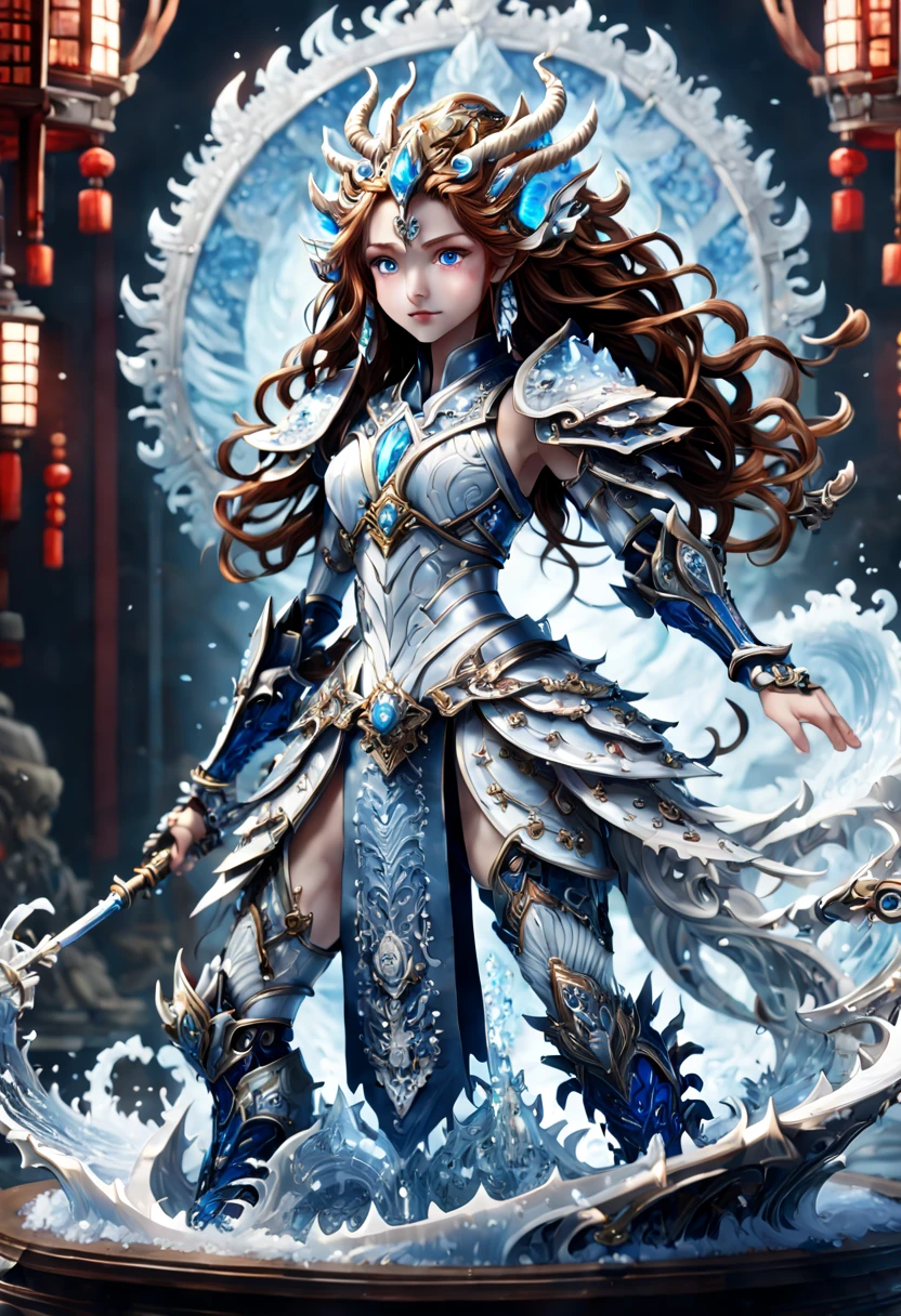 front_view, (1 girl, looking at viewer), long brown hair, Mechanical white armor, Complex armor, Delicate blue filigree, Complex filigree, Red metal fittings, Detailed part, dynamic poses, Detailed background, Dynamic lighting, ocean,huge waves, (Demon God Altar Fighter,Water God:1.5), Mechanical arm,(Mechanical Crystal Spear:1.5),((Heroes from another world)),The interior shimmers with icy blue and white, full-body shot,thin and long,dark blue eyes,Curly ears,(Wearing ancient Japanese mechanical samurai armor:1.8),Smile,(waves background:1.5),F41Arm0rXL