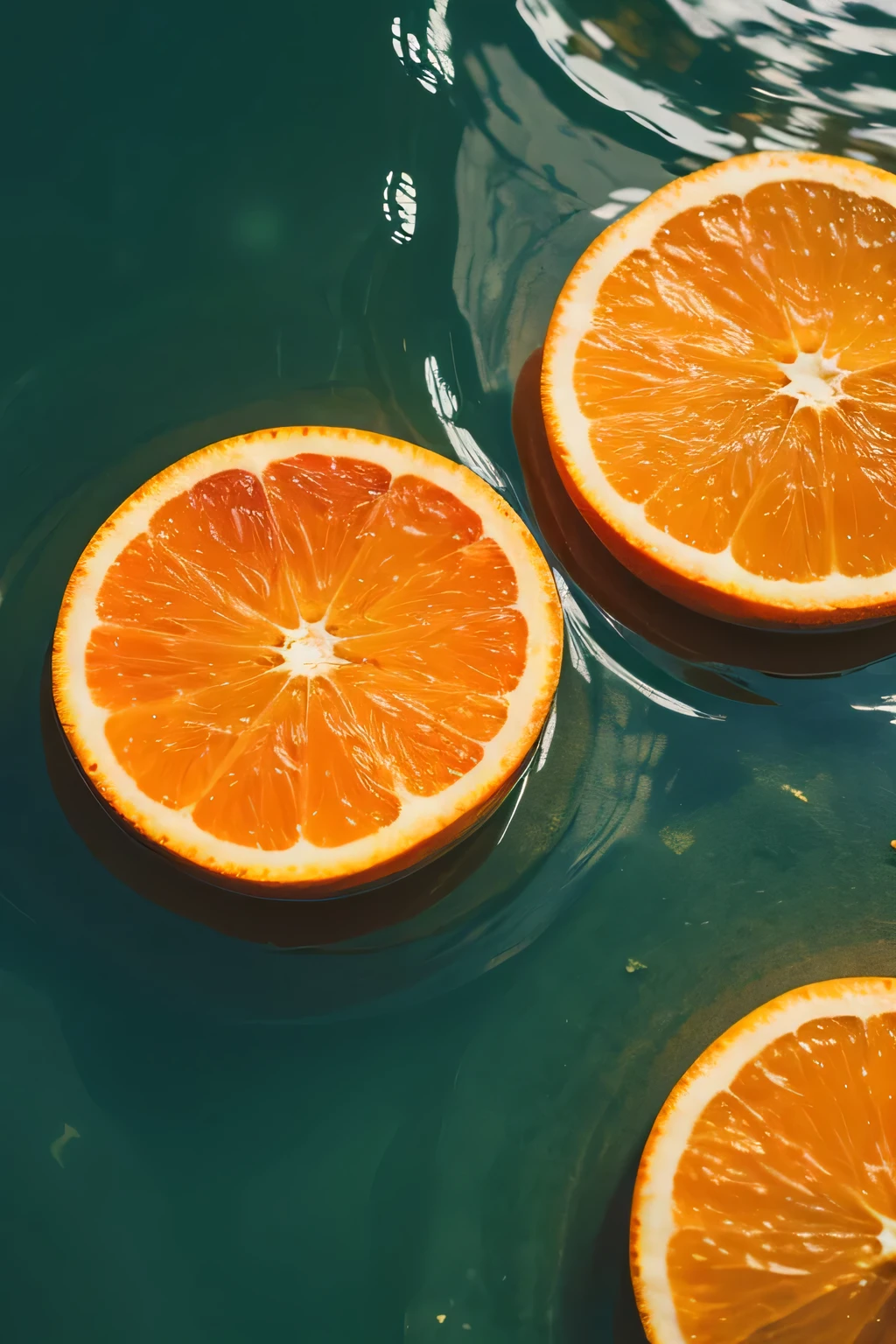 A few slices of orange just fell into the water,Detail zoom in