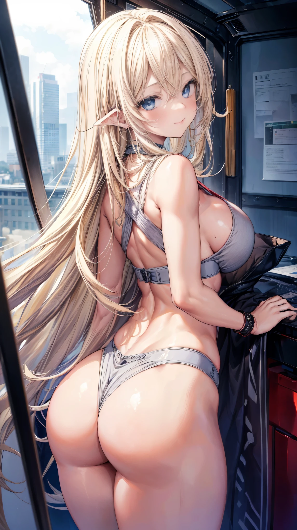 sensual, long blonde hair, thick thighs, 8K, 4K, highest quality, High resolution:1.2), cute anime face, noise reduction, shining blue eyes, gentle smile, kind eyes、toned abdominal muscles, muscular arms, muscular legs,  young face, anime eyes, (((big breasts、Breasts that are about to burst)))、(((Bondage style)))、(((Rear view、Turning around、emphasize the buttocks、T-back that digs into your butt)))