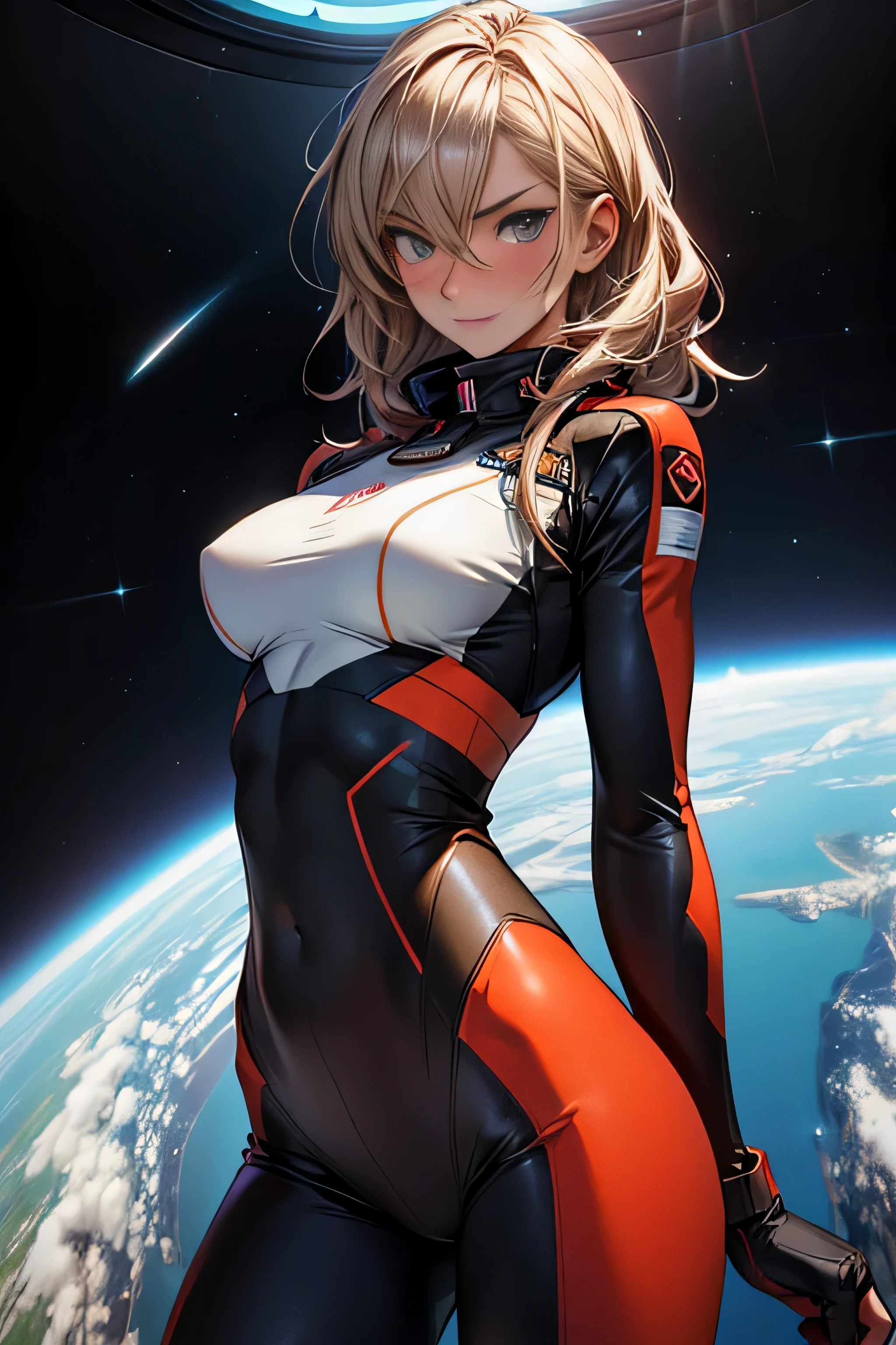 sandy hair muscular large breasts slender thighs slender waist pilot suit solo looking at viewer in space long hair blushing determination