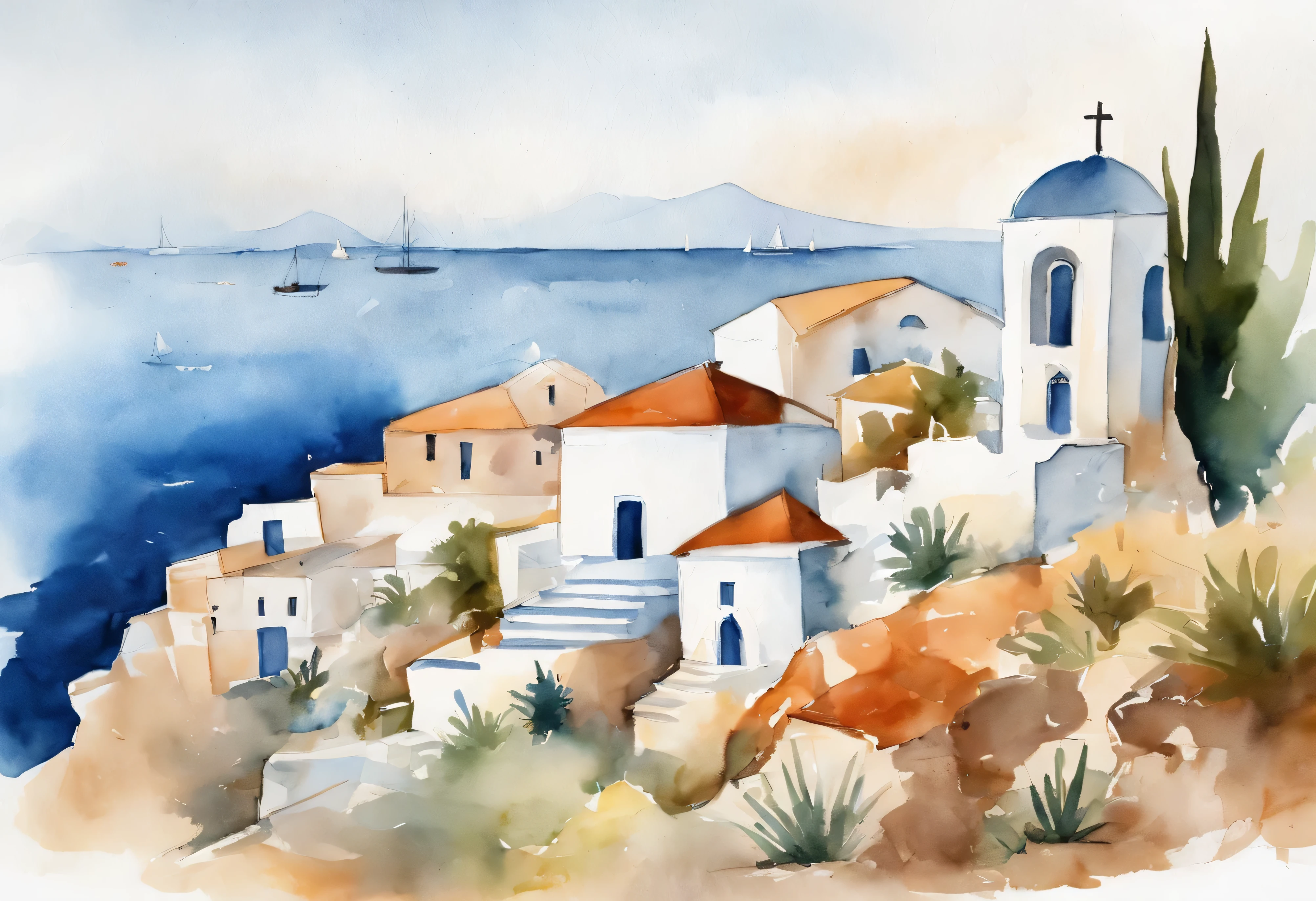 Greece summer sea and cat silhouette、white wall windmill and church、Simple line art illustration、minimalism
