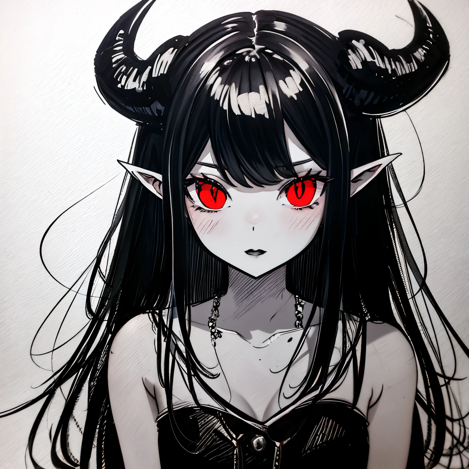 make a horror portrait of a devil horned girl with red eyes in black and white colors