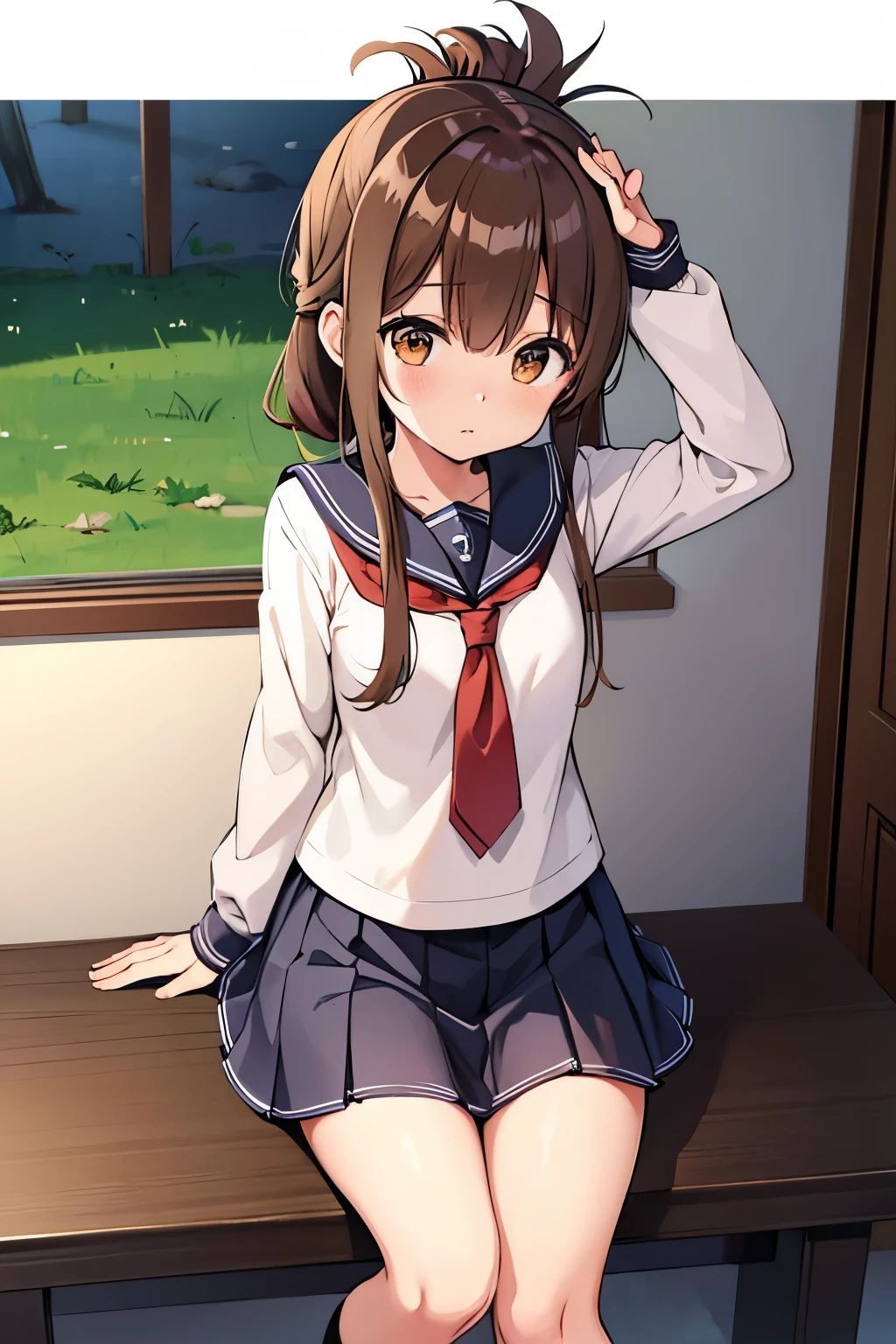 mashiromitsumine, mashiro mitsumine, (brown eyes:1.5), brown hair, ponytail, (flat chest:1.2),
BREAK grey skirt, long sleeves, neck ribbon, red ribbon, ribbon, sailor collar, school uniform, skirt, white sailor collar, (blue shirt:1.5),
BREAK looking at viewer, full body,
BREAK indoors, classroom,
BREAK (masterpiece:1.2), best quality, high resolution, unity 8k wallpaper, (illustration:0.8), (beautiful detailed eyes:1.6), extremely detailed face, perfect lighting, extremely detailed CG, (perfect hands, perfect anatomy),(white panties:1.5), (skrit lift:1.5), standing, small breasts, (short, tiny, little:1.5), blush, embarrassed,from below, cowboy shot, dutch angle