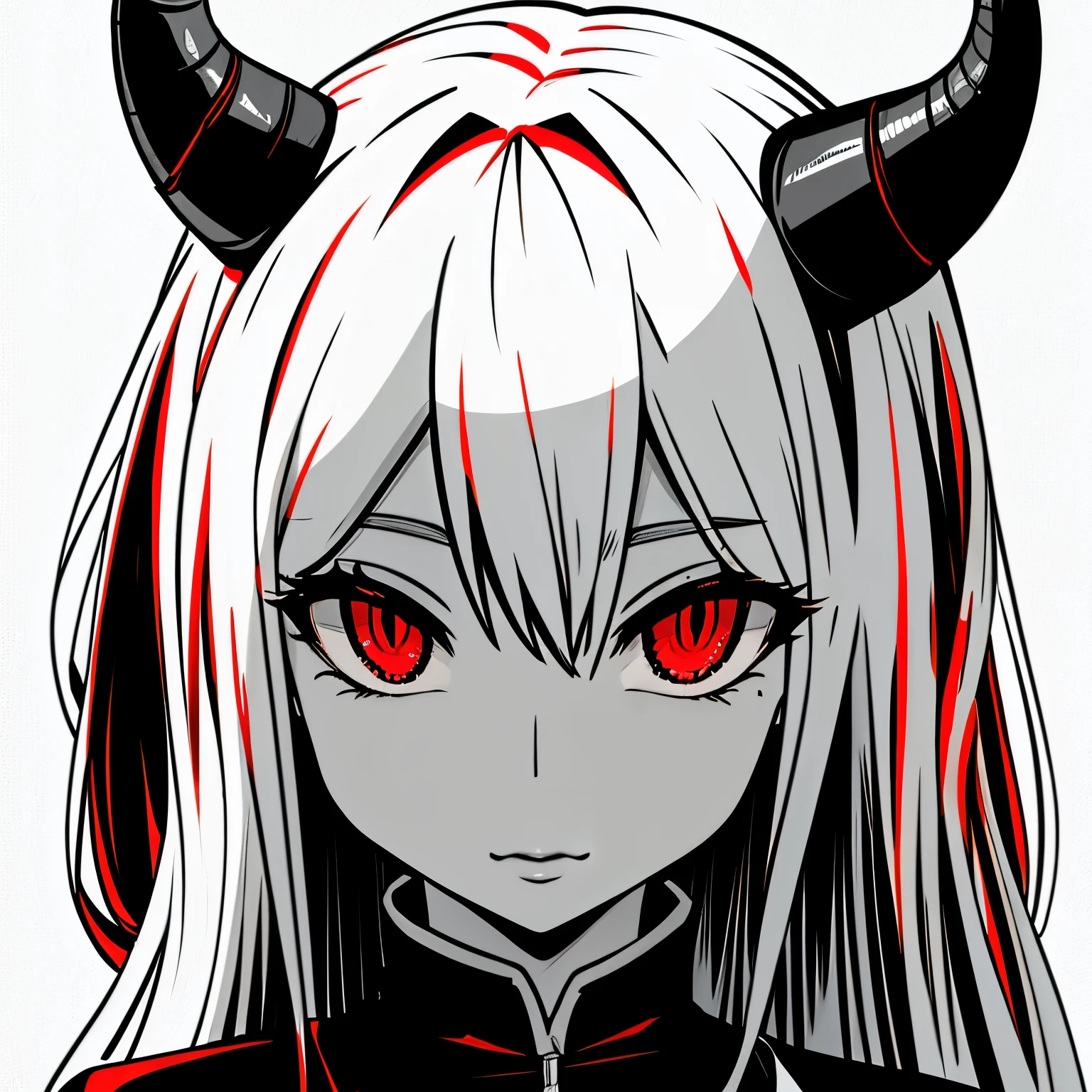 make a horror portrait of a devil horned girl with red eyes in black and white colors