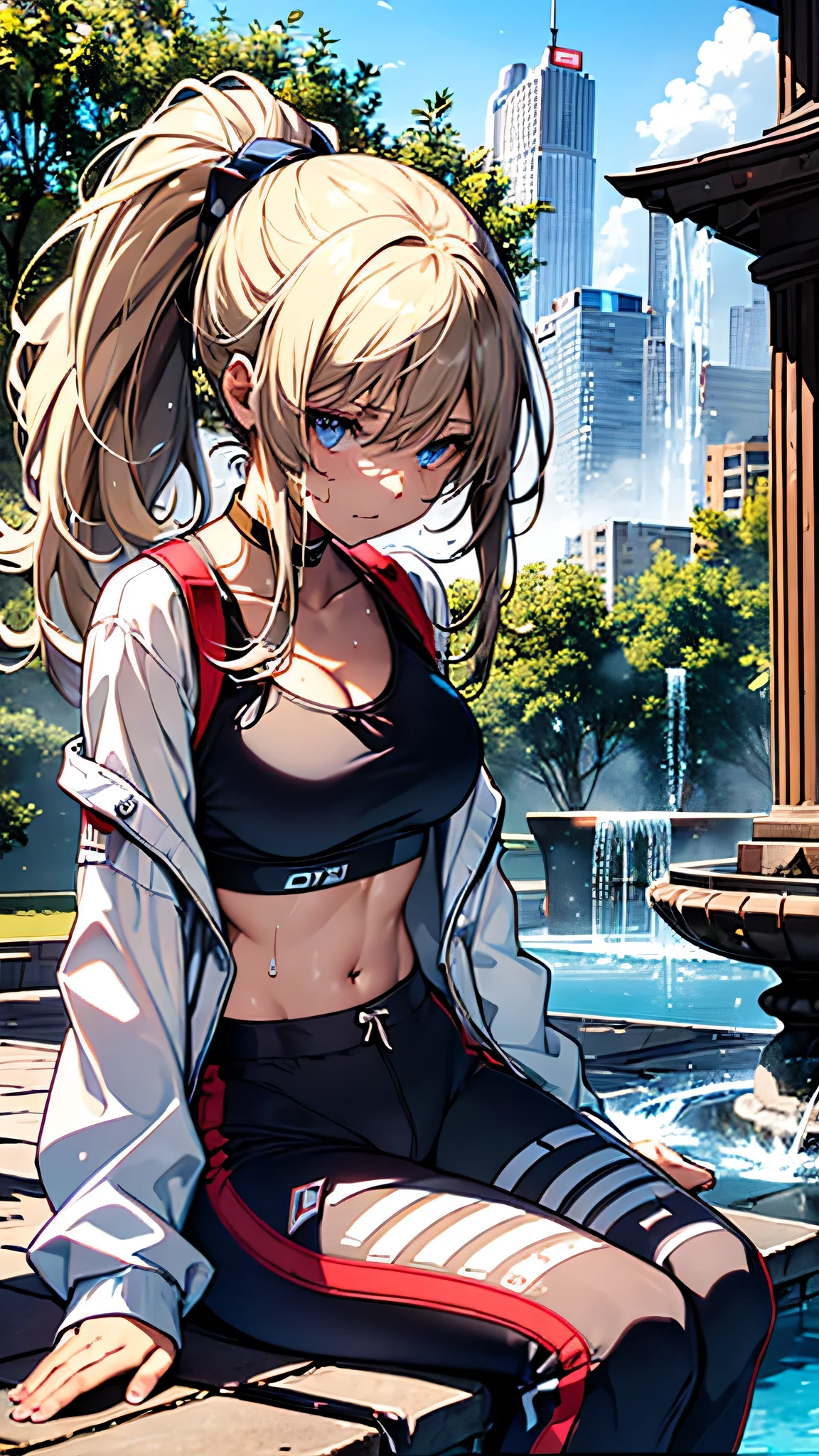 最high quality、best image quality、masterpiece、teenage girl((20-year-old、 By becoming、vest bust、medium bust,wide open breast tea、shining eyes, blonde hair、long hair、thin,highest valley、ponytail、white sports pants、white sports bra、sweating、scattering of sweat、Flushed body、black jacket、sit、gameplay)),high quality、beautiful art、background((fountain park、fountain square、bright sky))debris flies、Depth of written boundary、movie、visual art、perfect art、8k,genuine、