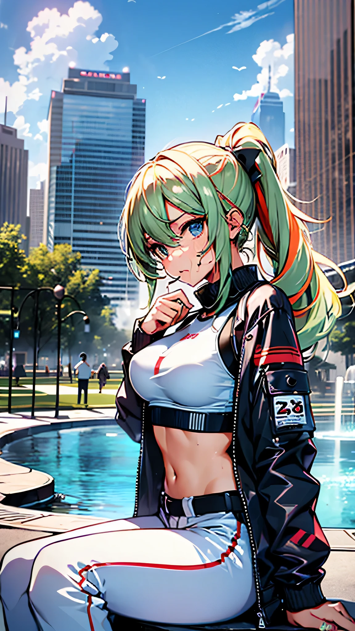 最high quality、best image quality、masterpiece、teenage girl((20-year-old、 By becoming、vest bust、medium bust,wide open breast tea、shining eyes, blonde hair、long hair、thin,highest valley、ponytail、white sports pants、white sports bra、sweating、scattering of sweat、Flushed body、black jacket、sit、gameplay)),high quality、beautiful art、background((fountain park、fountain square、bright sky))debris flies、Depth of written boundary、movie、visual art、perfect art、8k,genuine、