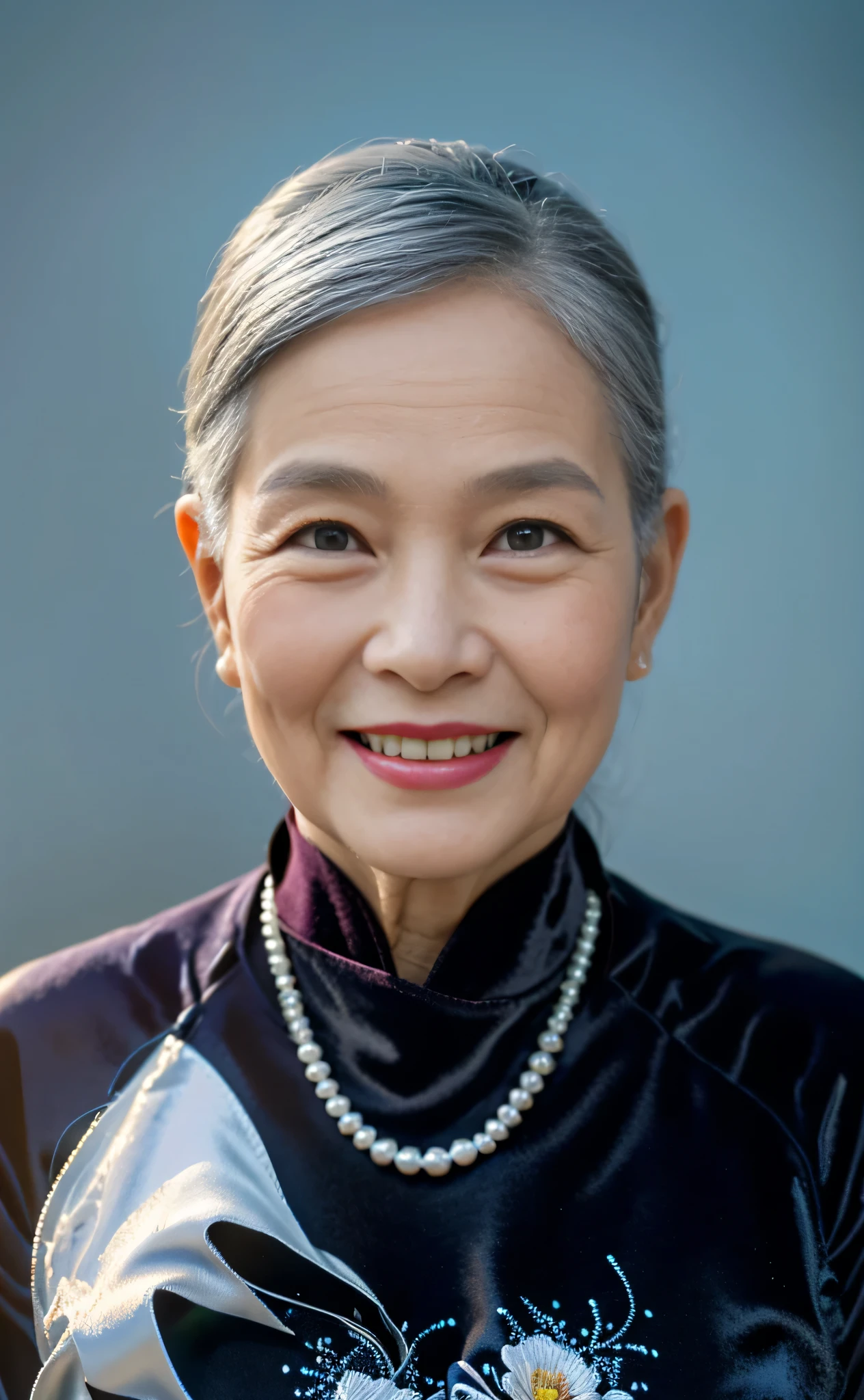 Highly realistic photo, ((masterpiece), (best quality), (raw photo), (photorealistic:1.4), Portrait of Vietnamese old woman, (85 years old),((smile with open teeth)), ((gray hair)), (wearing a dark velvet ao dai), pearl necklaces ,((light blue background)) , photo taken by Sony A7IV