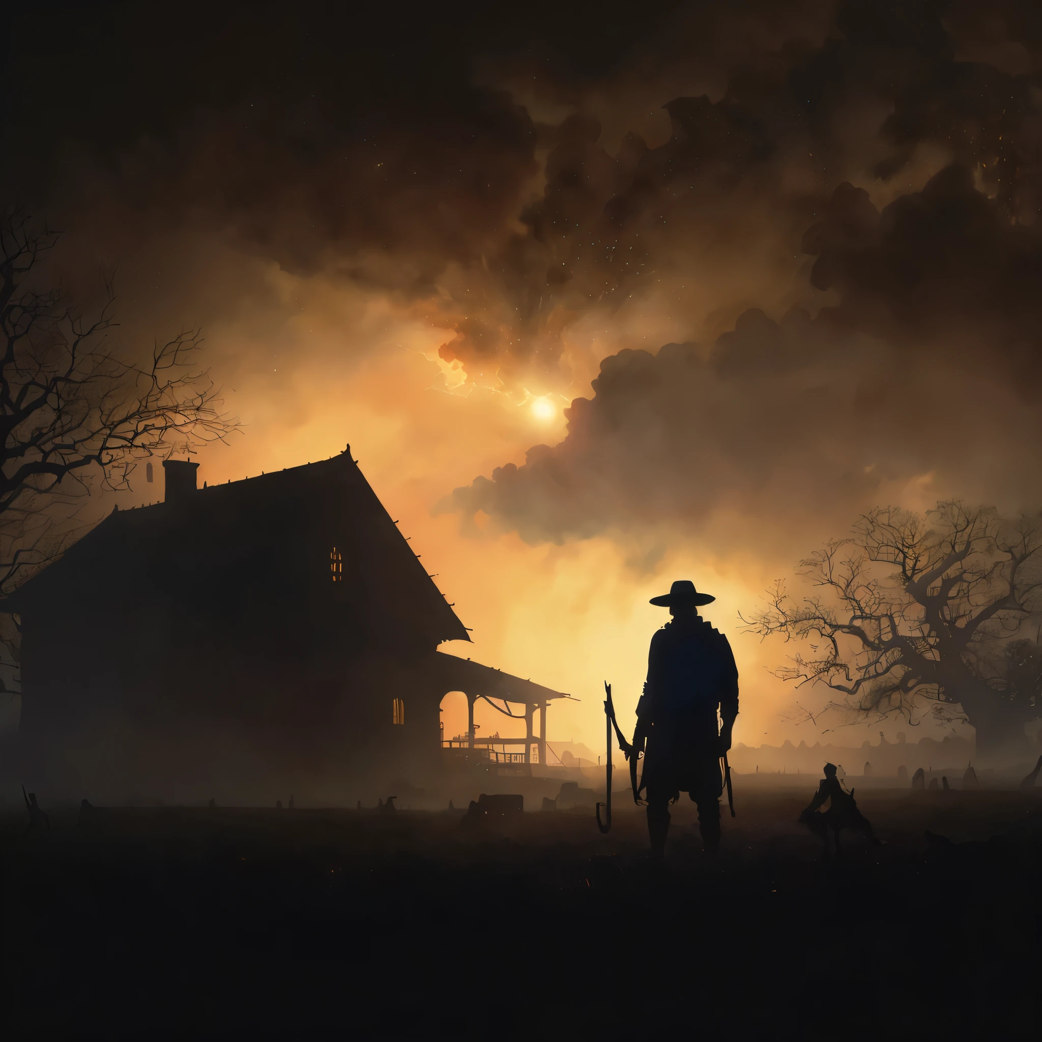 A silhouette of a man helping poor farmers defend their home, evil day sky the sun shining through the clouds, natural light illuminating the perfect features of the scene, intricate matte painting for a movie poster, aligned with the golden ratio, creating an ominous yet epic atmosphere, trending artwork on CGSociety and ArtStation, inspired by Artgerm, H.R. Giger, and Beksinski, vibrant colors, production cinematic character render, ultra high quality model, 8k resolution, intricate artwork masterpiece