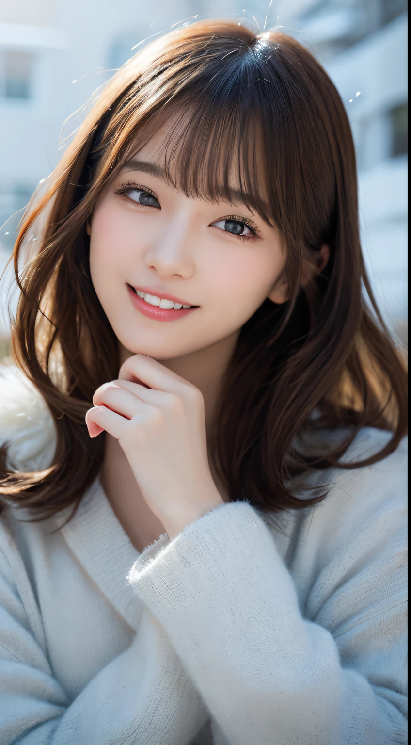 masutepiece, Best Quality, Illustration, Ultra-detailed, finely detail, hight resolution, 8K Wallpaper, Perfect dynamic composition, Beautiful detailed eyes, Fluffy winter clothes,waved hair,、Natural Color Lip, Bold sexy poses,Smile,Harajuku、20 years girl、Cute、Sexy shot looking at camera,Ultra-realistic raw photos