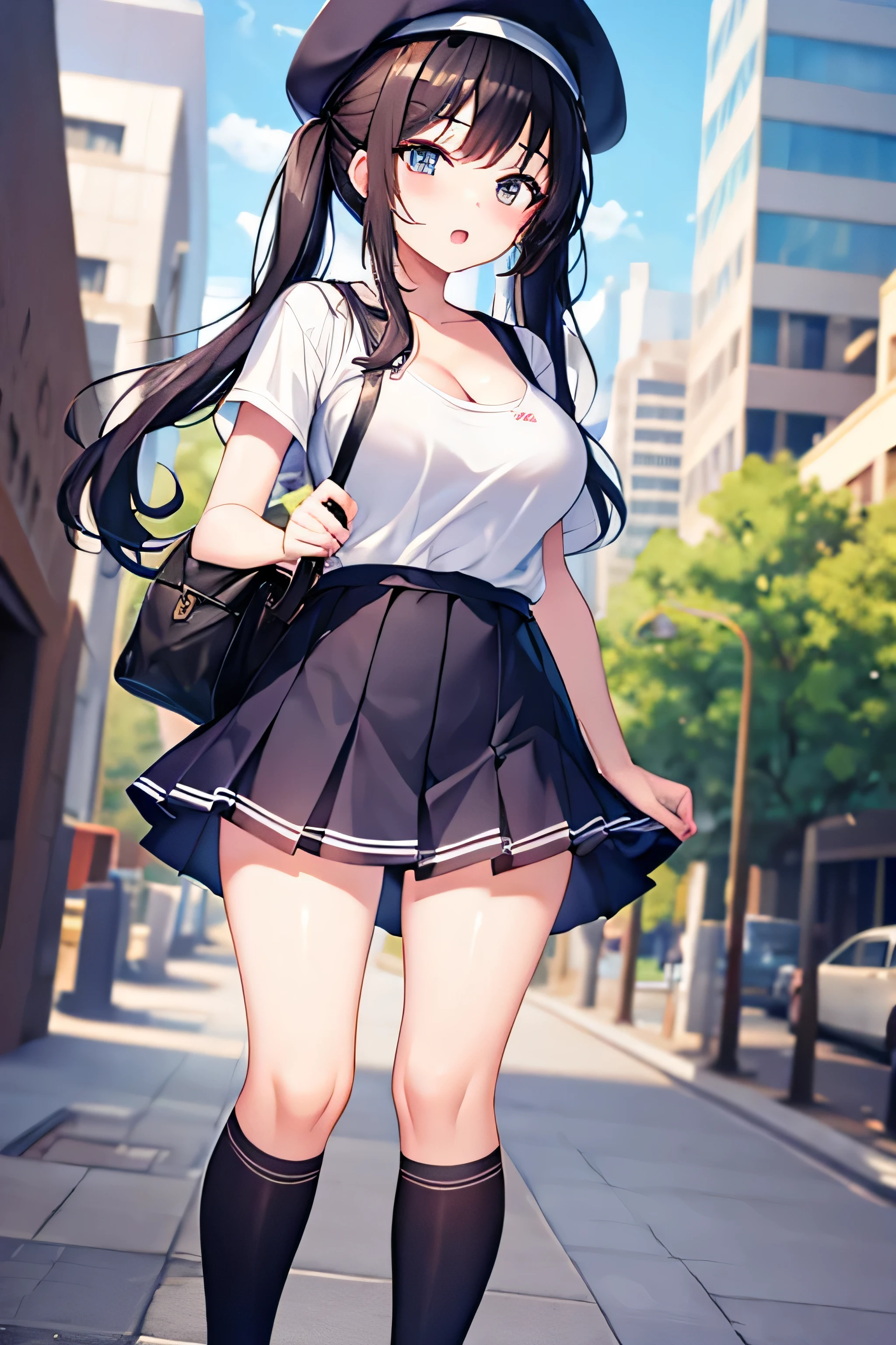 masterpiece、Highest image quality、ultra high resolution、 schoolgirl with big tits、twin tail hairstyle、black hair、red face、mock、Open your mouth just a little、A white T-shirt that shows the cleavage of a teen、casual for teenage school girls、Knee high socks for teenage schorls、Beret for teenage schoolgiSkyscraper、outdoors