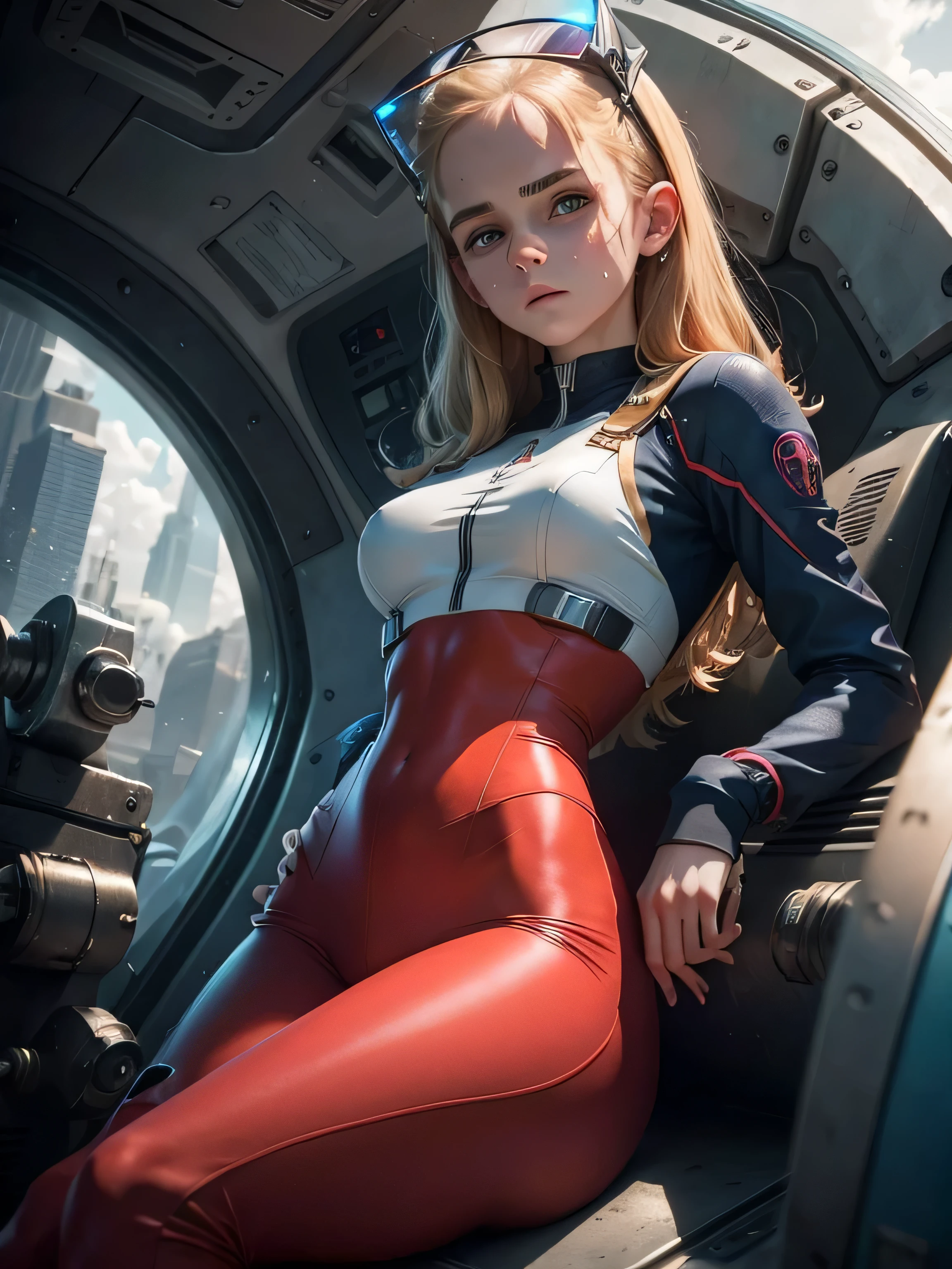 teen emma watson dressed in a plugsuit of evangelion blonde. freckles. sparkly blue eyes that speak of innocence and acceptance. Slender frame and beautiful figure. tight red pants. crop top. reading while lying outside a spaceship. ripped clothes exposing muscle. sci-fi.