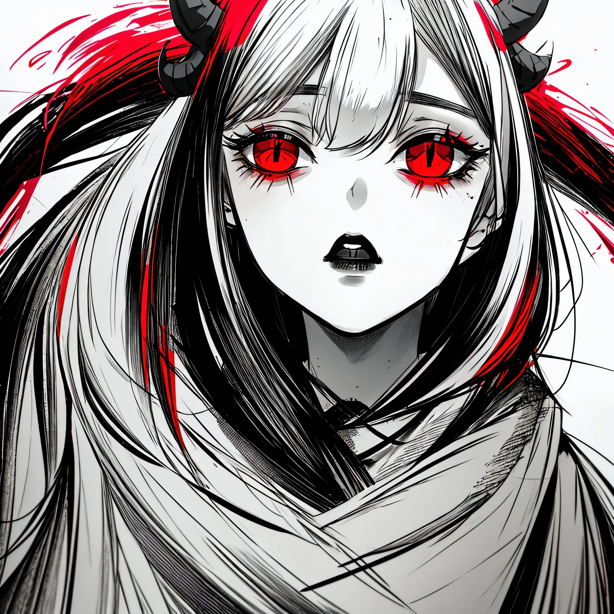 make a horror portrait of a devil horned girl with red eyes in black and white colors