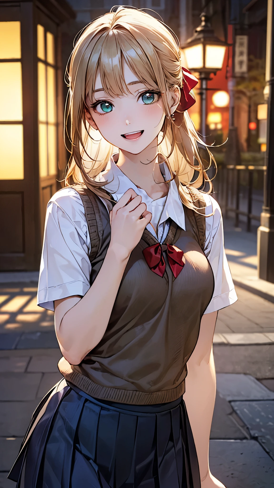(masterpiece:1.2, top-quality), (realistic, photorealistic:1.4), beautiful illustration, (natural side lighting, movie lighting), depth of field,
looking at viewer, (face focus, upper body), front view, 1 girl, japanese, high school girl, 16 years old, perfect face, cute and symmetrical face, shiny skin,
(long hair:1.7, half updo:1.4, sideburns:1.5, blond hair), asymmetrical bangs, emerald green eyes, big eyes, drooping eyes, long eye lasher, (medium breasts), slender,
beautiful hair, beautiful face, beautiful detailed eyes, beautiful clavicle, beautiful body, beautiful chest, beautiful thigh, beautiful legs, beautiful fingers,
((detailed cloth texture, yellow brown knitted vest, short sleeve white collared shirts, navy pleated skirt, red bow tai)),
(beautiful scenery), evening, (outside park), standing, (happy smile, upper eyes, open mouth),