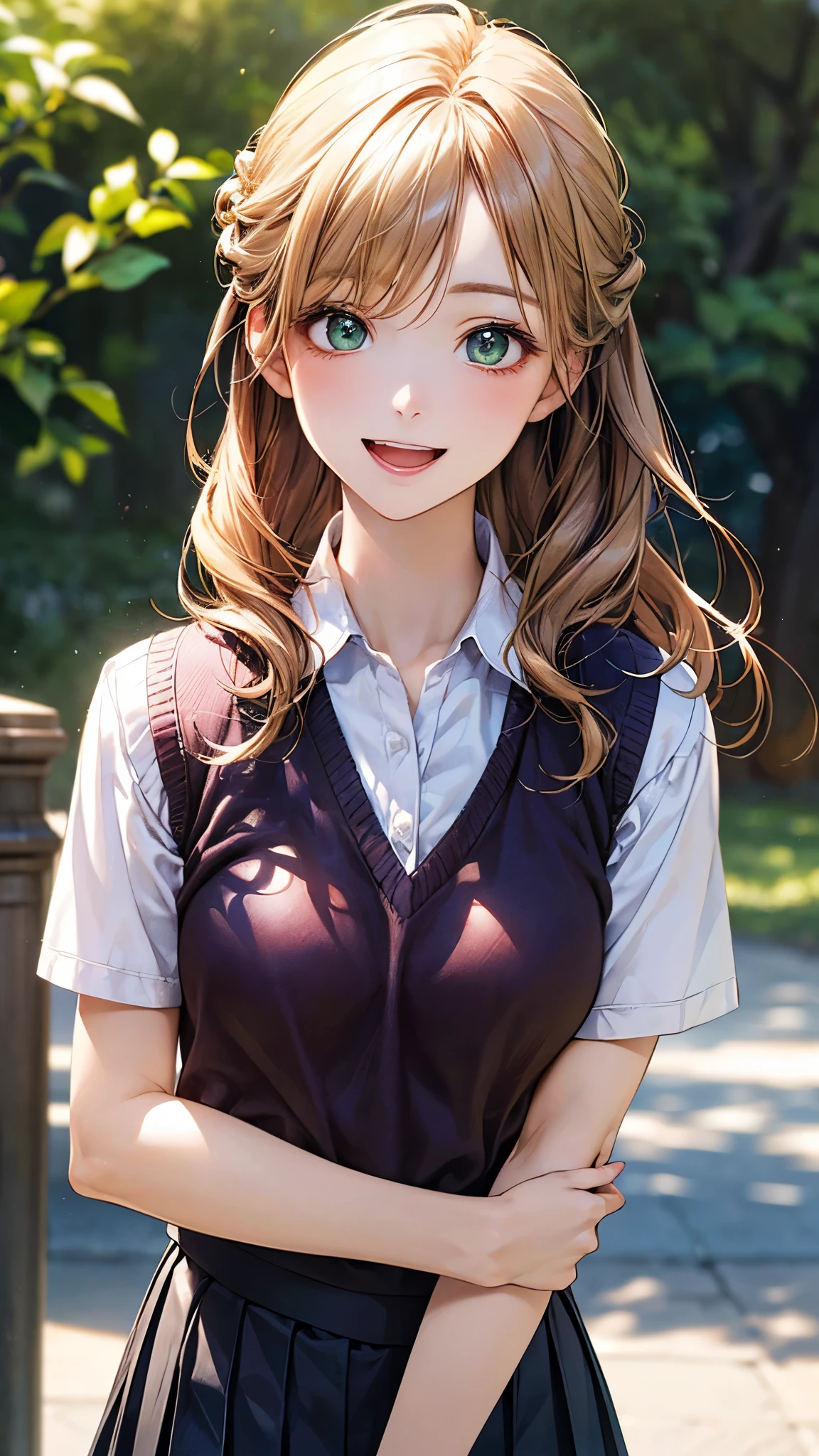 (masterpiece:1.2, top-quality), (realistic, photorealistic:1.4), beautiful illustration, (natural side lighting, movie lighting), depth of field, 
looking at viewer, (face focus, upper body), front view, 1 girl, japanese, high school girl, , perfect face, cute and symmetrical face, shiny skin, 
(long hair:1.7, half updo:1.4, sideburns:1.5, blond hair), asymmetrical bangs, emerald green eyes, big eyes, drooping eyes, long eye lasher, (medium breasts), slender, 
beautiful hair, beautiful face, beautiful detailed eyes, beautiful clavicle, beautiful body, beautiful chest, beautiful thigh, beautiful legs, beautiful fingers, 
((detailed cloth texture, yellow brown knitted vest, short sleeve white collared shirts, navy pleated skirt, red bow tai)), 
(beautiful scenery), evening, (outside park), standing, (happy smile, upper eyes, open mouth), 