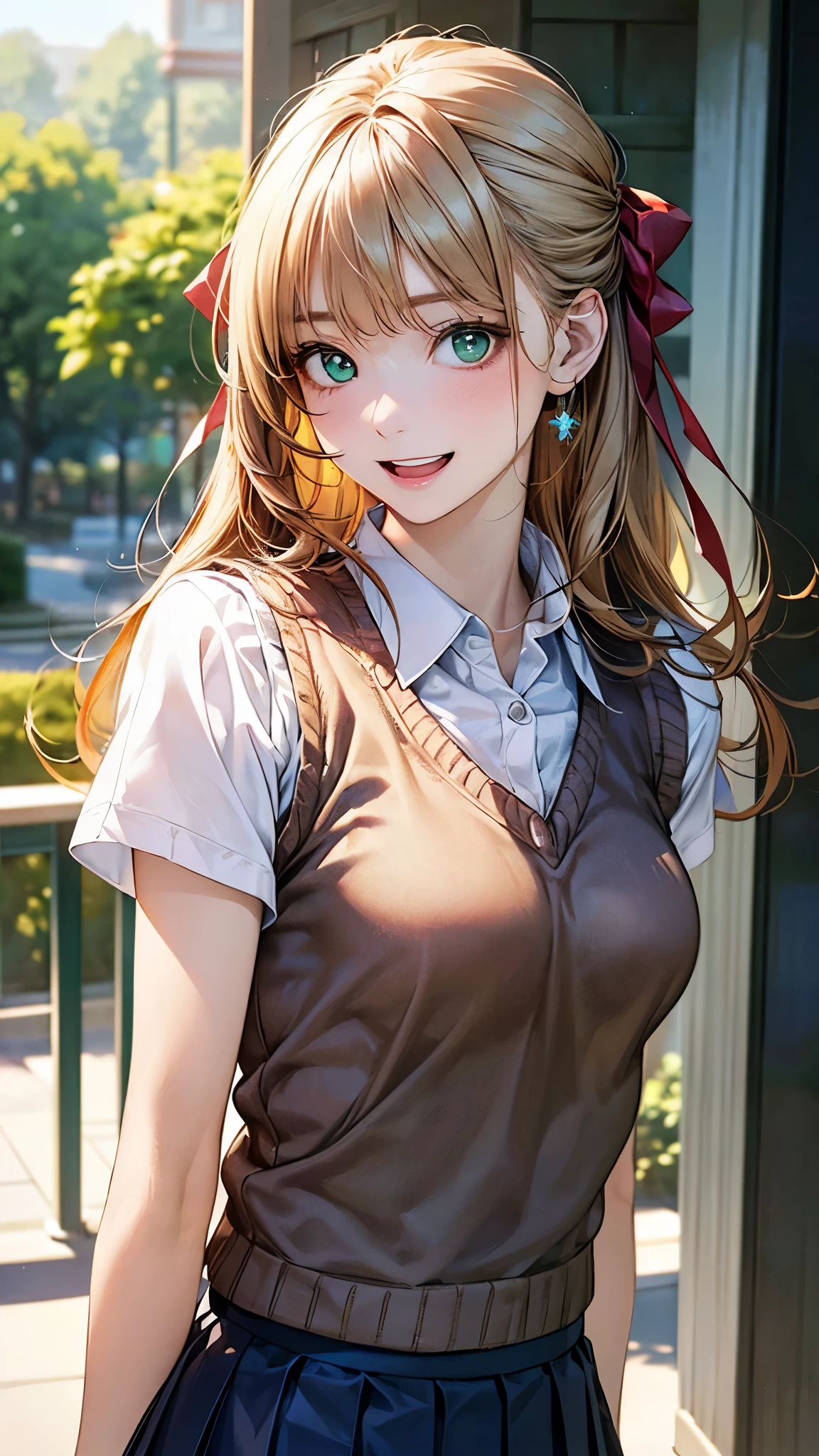 (masterpiece:1.2, top-quality), (realistic, photorealistic:1.4), beautiful illustration, (natural side lighting, movie lighting), depth of field,
looking at viewer, (face focus, upper body), front view, 1 girl, japanese, high school girl, 16 years old, perfect face, cute and symmetrical face, shiny skin,
(long hair:1.7, half updo:1.4, sideburns:1.5, blond hair), asymmetrical bangs, emerald green eyes, big eyes, drooping eyes, long eye lasher, (medium breasts), slender,
beautiful hair, beautiful face, beautiful detailed eyes, beautiful clavicle, beautiful body, beautiful chest, beautiful thigh, beautiful legs, beautiful fingers,
((detailed cloth texture, yellow brown knitted vest, short sleeve white collared shirts, navy pleated skirt, red bow tai)),
(beautiful scenery), evening, (outside park), standing, (happy smile, upper eyes, open mouth),