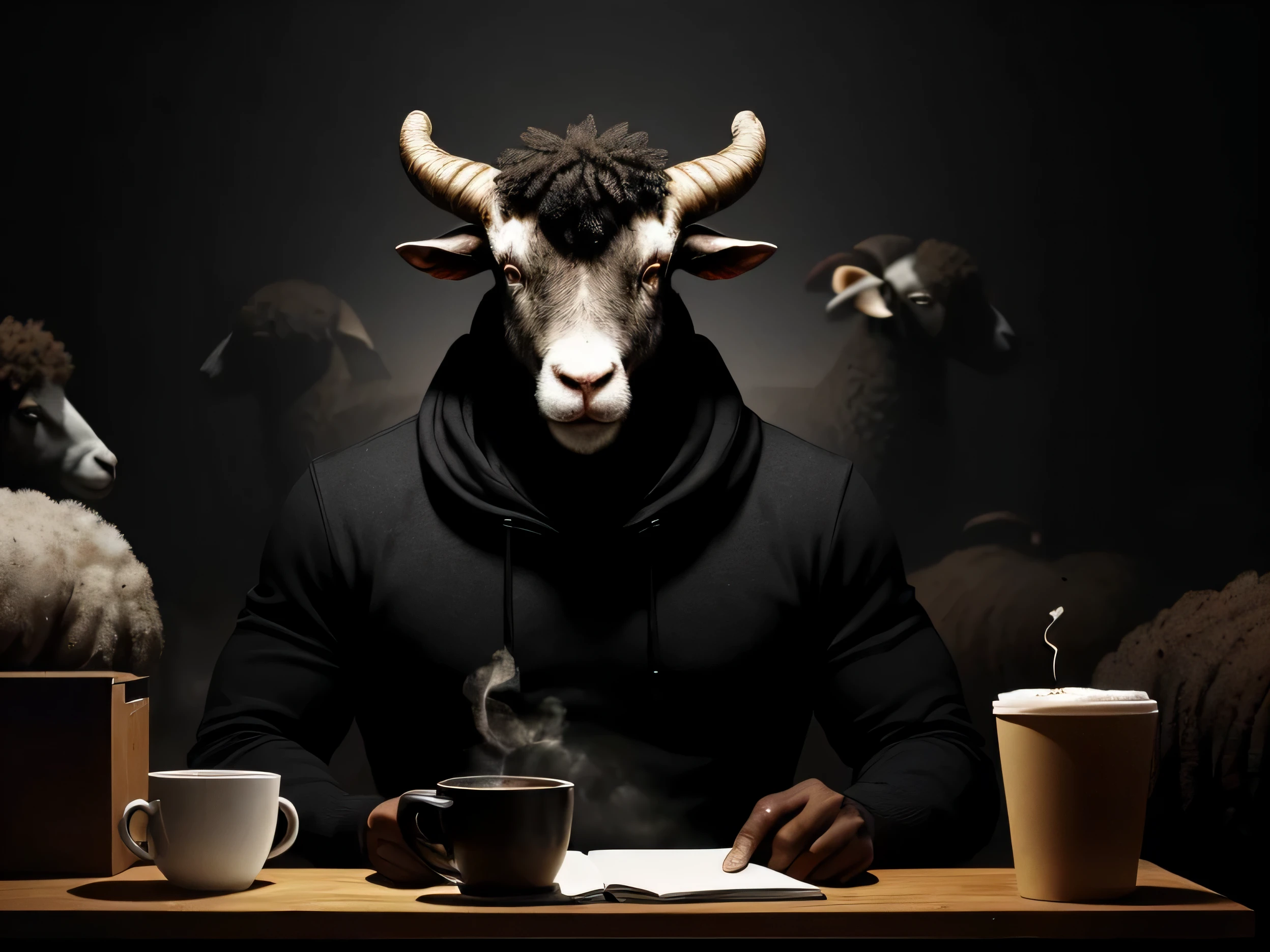 A man with an intriguingly unique characteristic: the head of a black sheep is taking its morning rest in a graphic design agency.. He is sitting comfortably at a modern desk., with a steaming cup of coffee in hand. The atmosphere is warm and welcoming, filled with the aroma of freshly brewed coffee and the sound of creative brains at work. The detail of the man's figure is very graphic and expressive., creando un sorprendente contraste con el fondo minimalista y limpio de la agencia.. The lighting is changing and cinematic., projecting an aura of creativity and inspiration around you. His expression is thoughtful and serious.., sin embargo, The presence of the sheep's head adds an element of qu