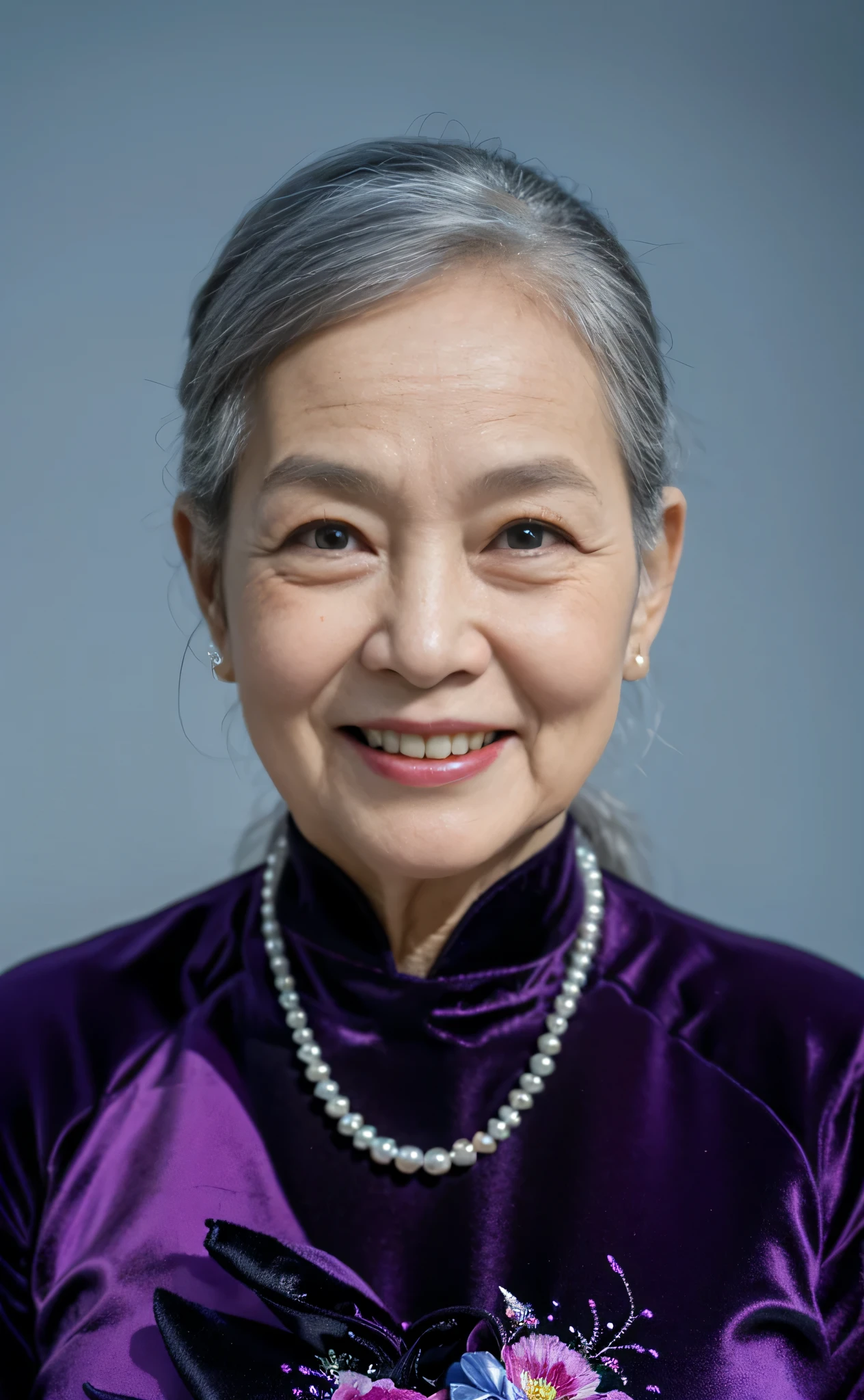 Highly realistic photo, ((masterpiece), (best quality), (raw photo), (photorealistic:1.4), Portrait of Vietnamese old woman, (85 years old),((smile with open teeth)), ((gray hair)), (wearing a dark velvet ao dai), pearl necklaces ,((light blue background)) , photo taken by Sony A7IV