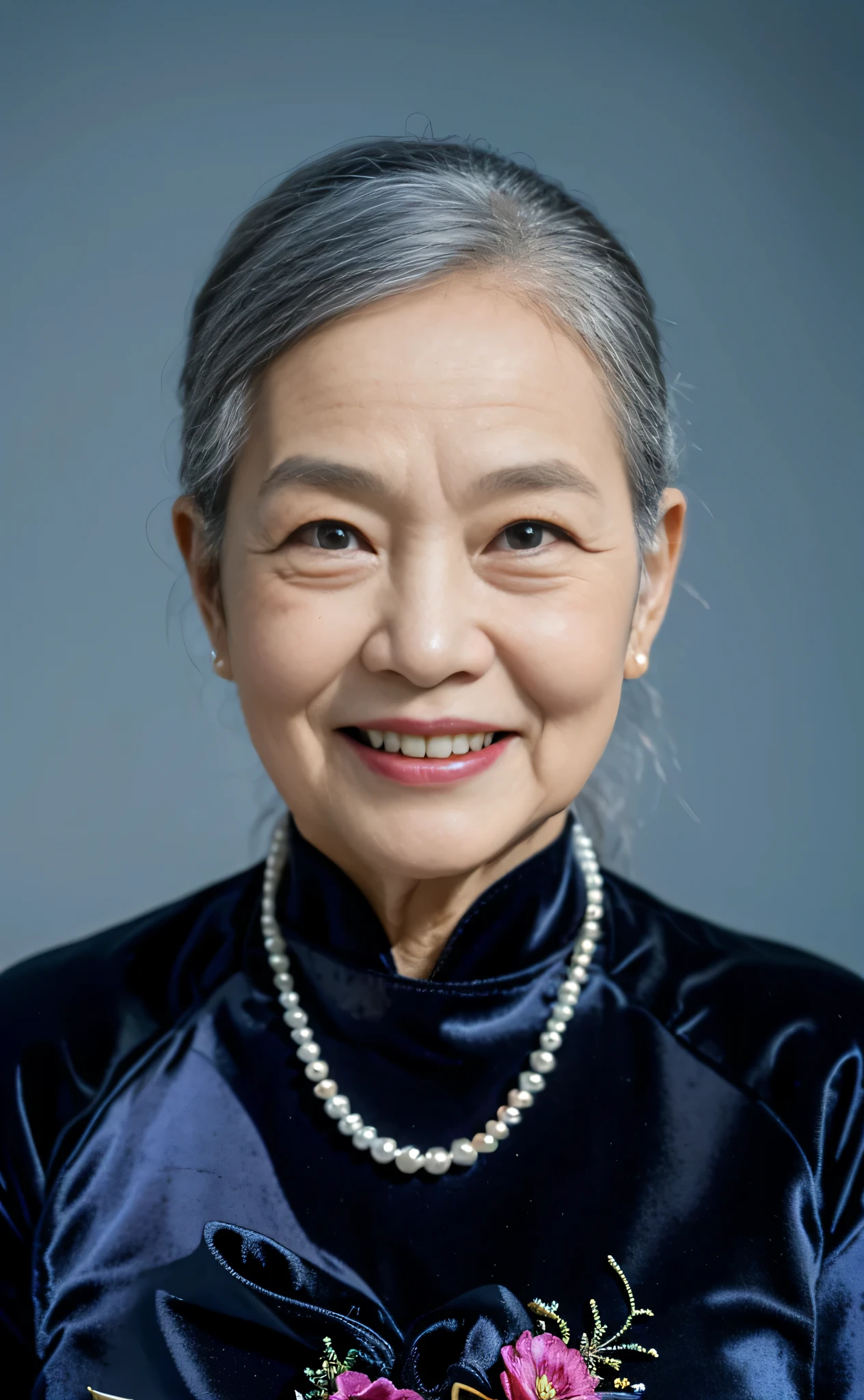 Highly realistic photo, ((masterpiece), (best quality), (raw photo), (photorealistic:1.4), Portrait of Vietnamese old woman, (85 years old),((smile with open teeth)), ((gray hair)), (wearing a dark velvet ao dai), pearl necklaces ,((blue background)) , photo taken by Sony A7IV
