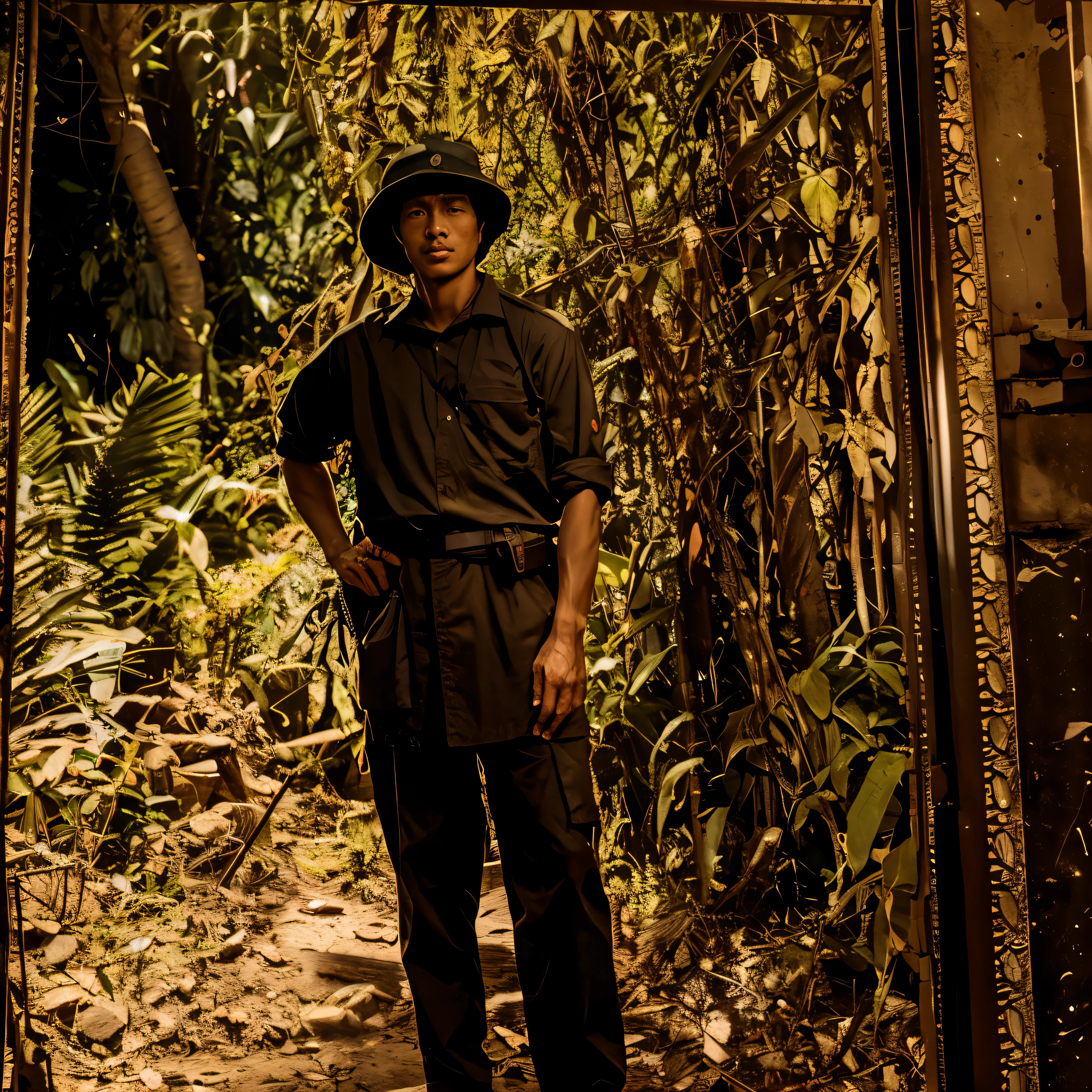 full color, photo of man, full body hyper realistic, wear hat , solider viet nam ho chi minh