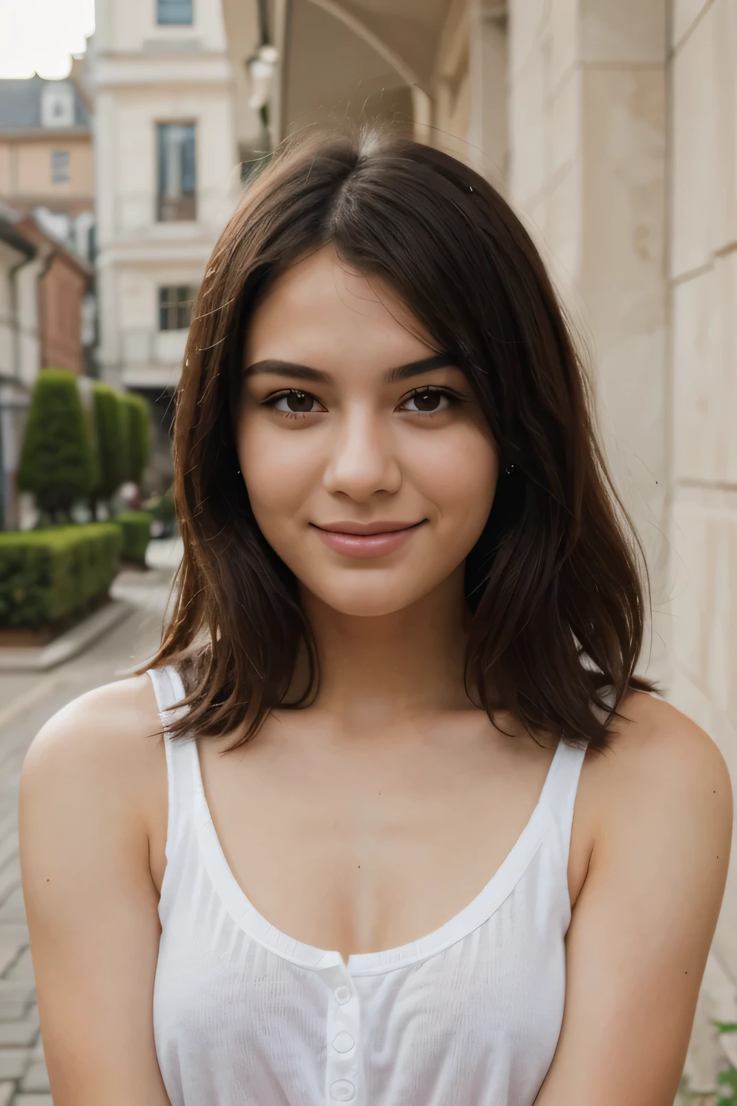 portrait d'une jeune femme souriante , brunette , 24 ans
