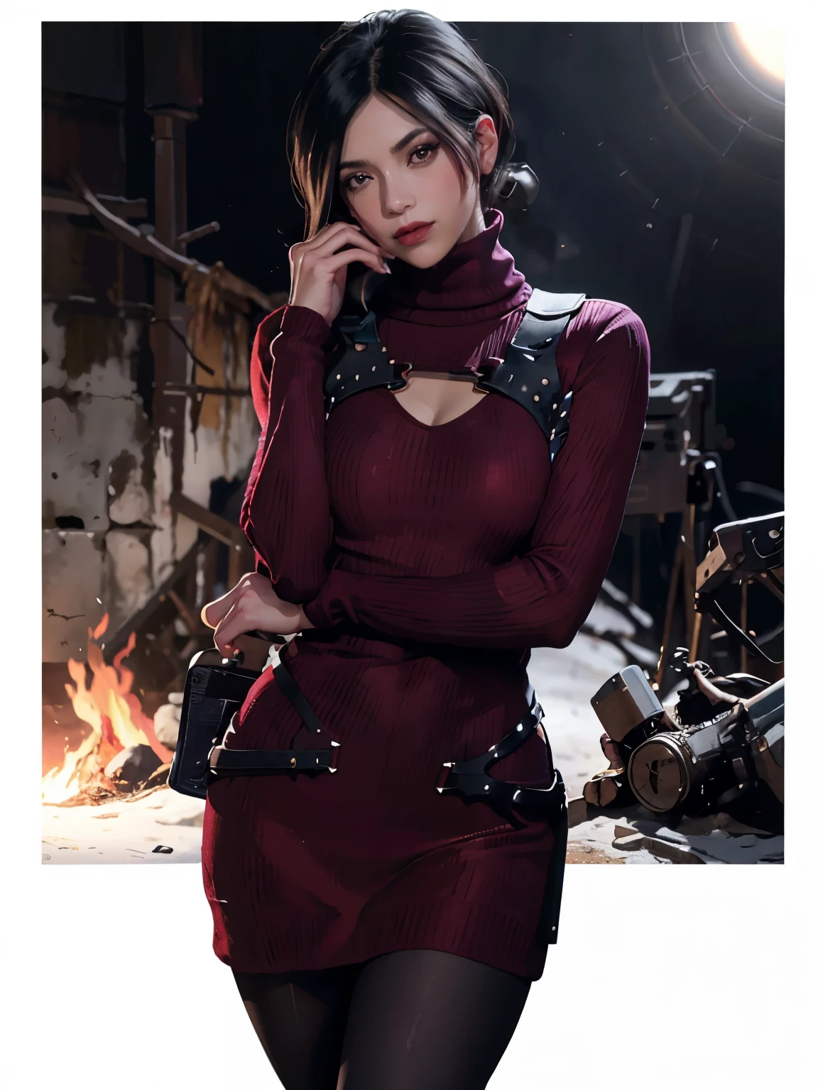 1girl, RE4, red sweater dress, gola alta, Ribbed sweater, botas de coxa, Black pantyhosebloom, harness, melhor qualidade, obra-prima, ultra alta res, (fotorrealista: 1.4), 1girl, dark backdrop and black hair