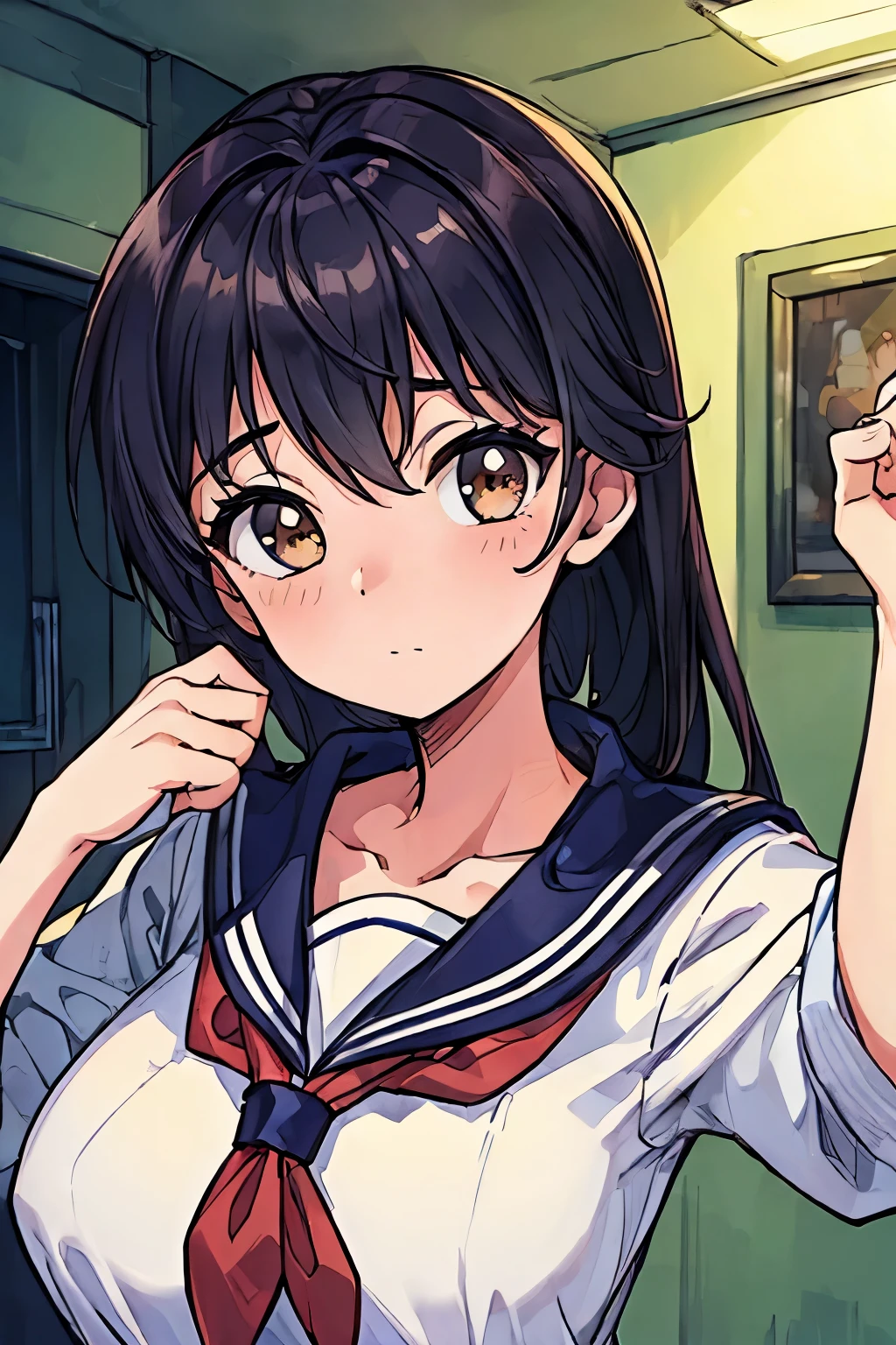 (masterpiece, highest quality:1.3), (16k, High resolution:1.3), Home bedroom,full body, female,sailor suit(Upper body)+panties(white)