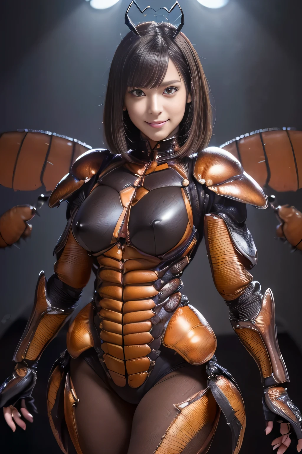 (High resolution,masterpiece,highest quality,Very detailed CG, anime, official art:1.4), realistic, photograph, amazing detail, everything is complicated, shiny and glossy,Amazing number of layers, 8K wallpaper, 3D, sketch, cute, figure,( alone:1.4), perfect female proportions,villain&#39;s daughter, (Fusion of dark brown cockroach and lady:1.4), (brown cockroach woman:1.2), (brown cockroach woman:1.2), (Fusion:1.2), (alone:1.4), (evil smile:1.2), muscular, abs, (Cockroach brown exoskeleton bio insect suit:1.4), (Cockroach brown exoskeleton bio insect armor:1.2), (brown transparent cockroach feathers:1.4), (Antennae of brown cockroaches:1.3),