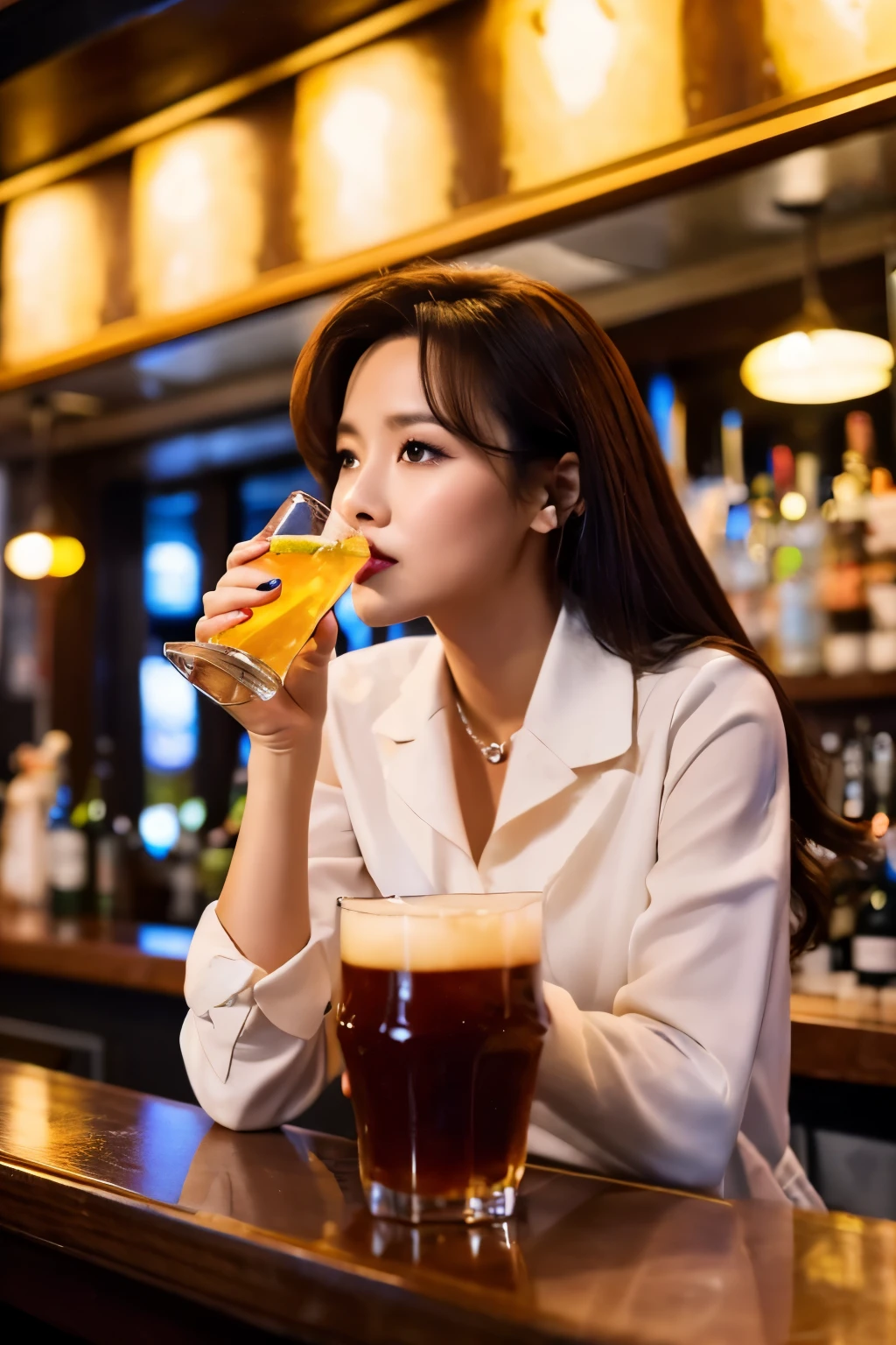 Career woman drinking at a popular standing bar