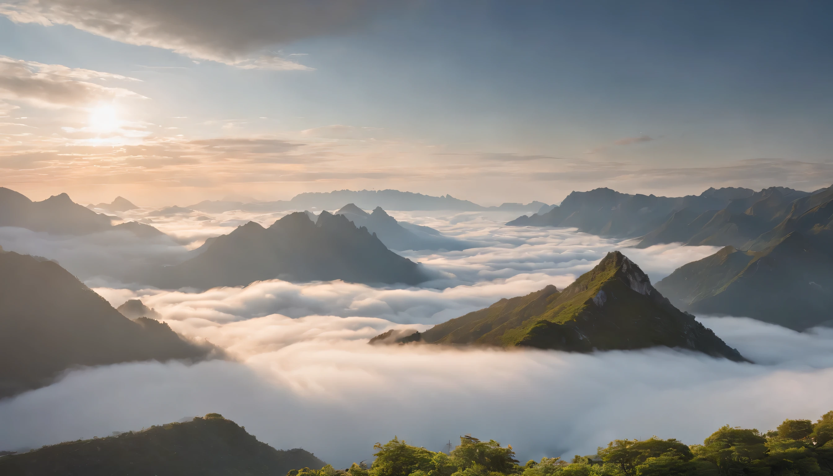 (Highly detailed CG Unity 8k wallpaper、masterpiece、highest quality、Super detailed)、(best lighting、best shadow、very delicate and beautiful)、highest quality、8k、Detailed facial depiction、masterpiece、highest quality、clear image quality、
mountain illuminated by the sunrise々Let me'Capturing the contrast between the sea of clouds and the sea of clouds.